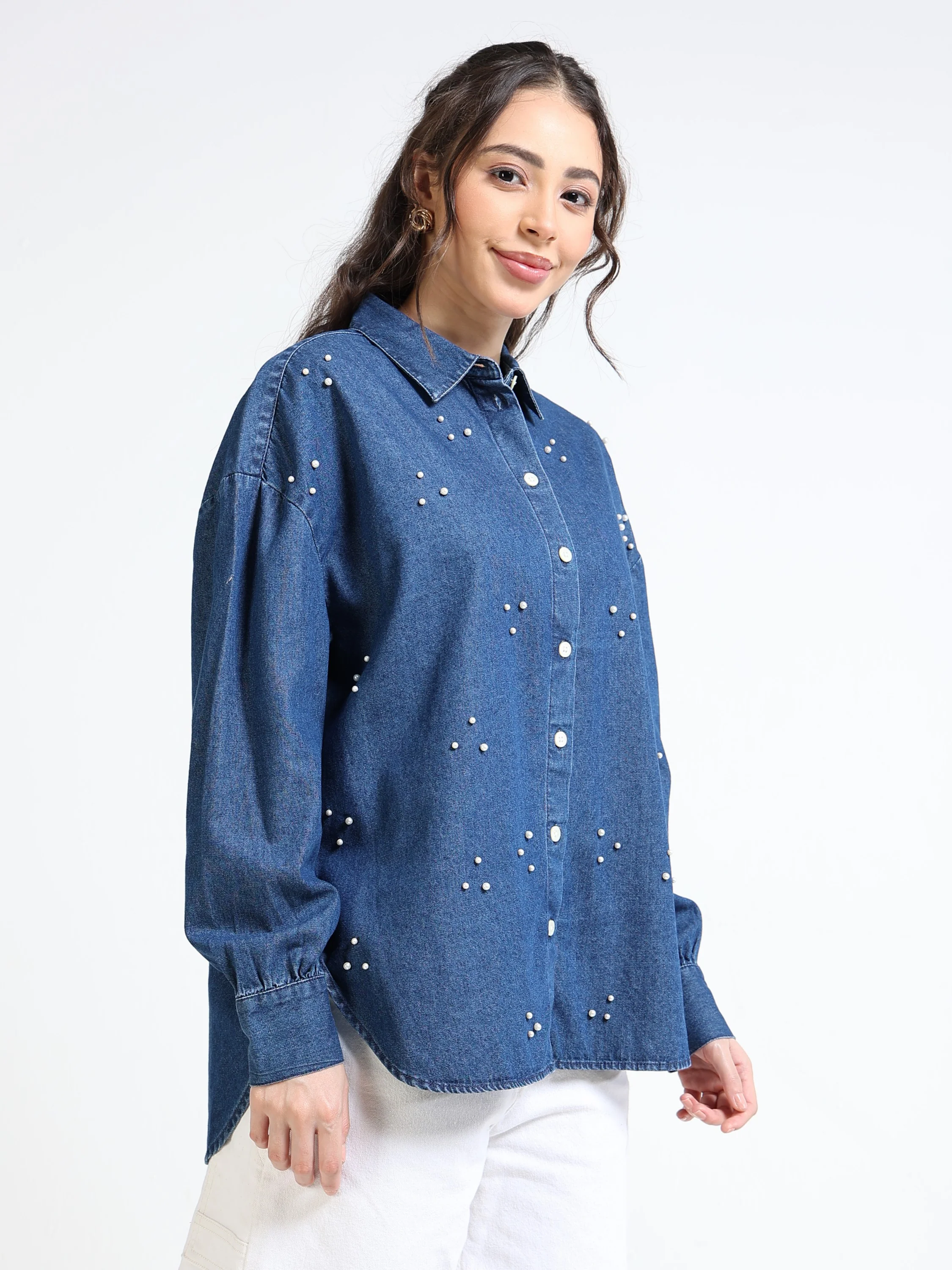 Women Denim Blue Pearl Shirt - Image 5