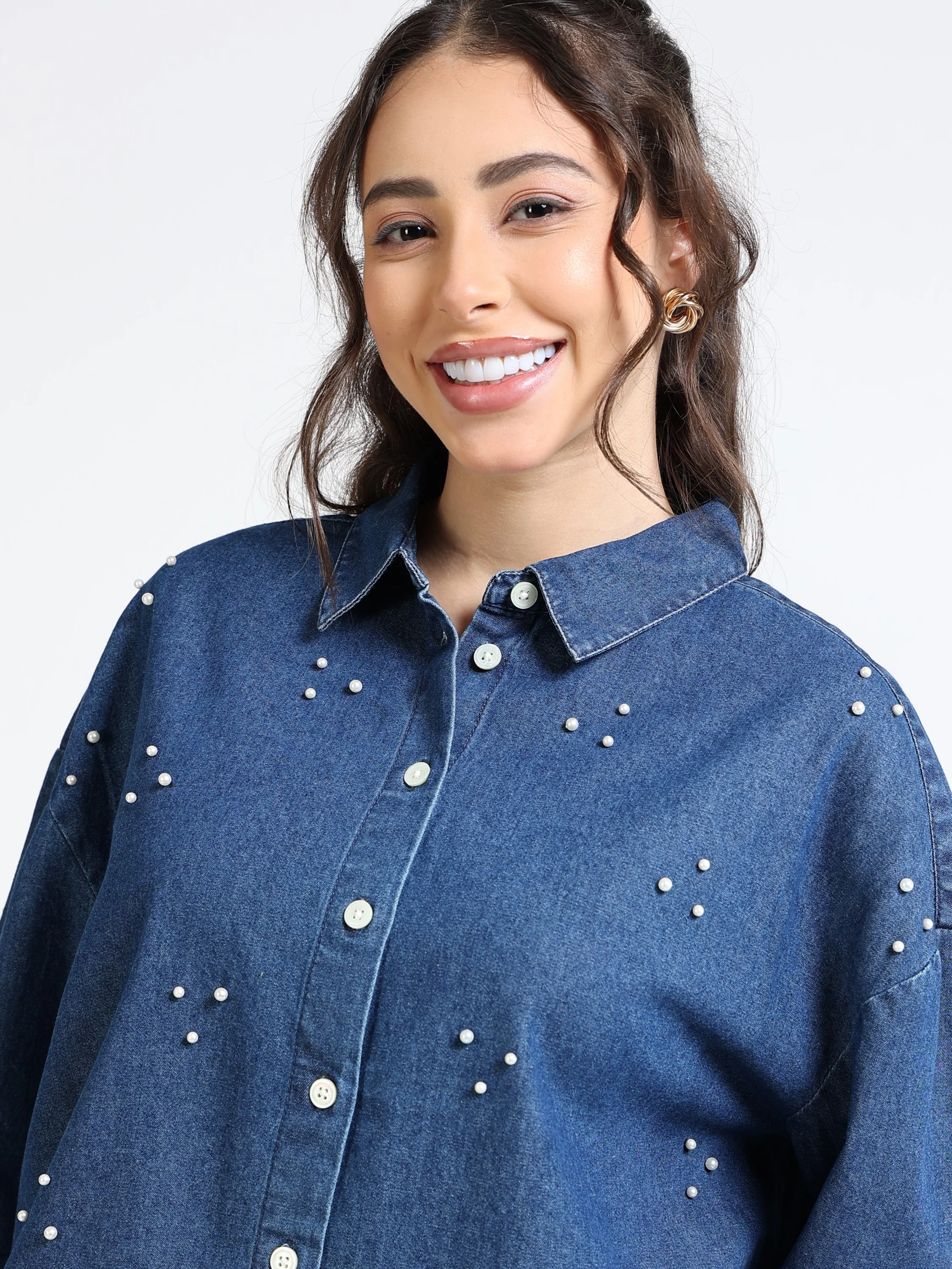 Women Denim Blue Pearl Shirt - Image 6