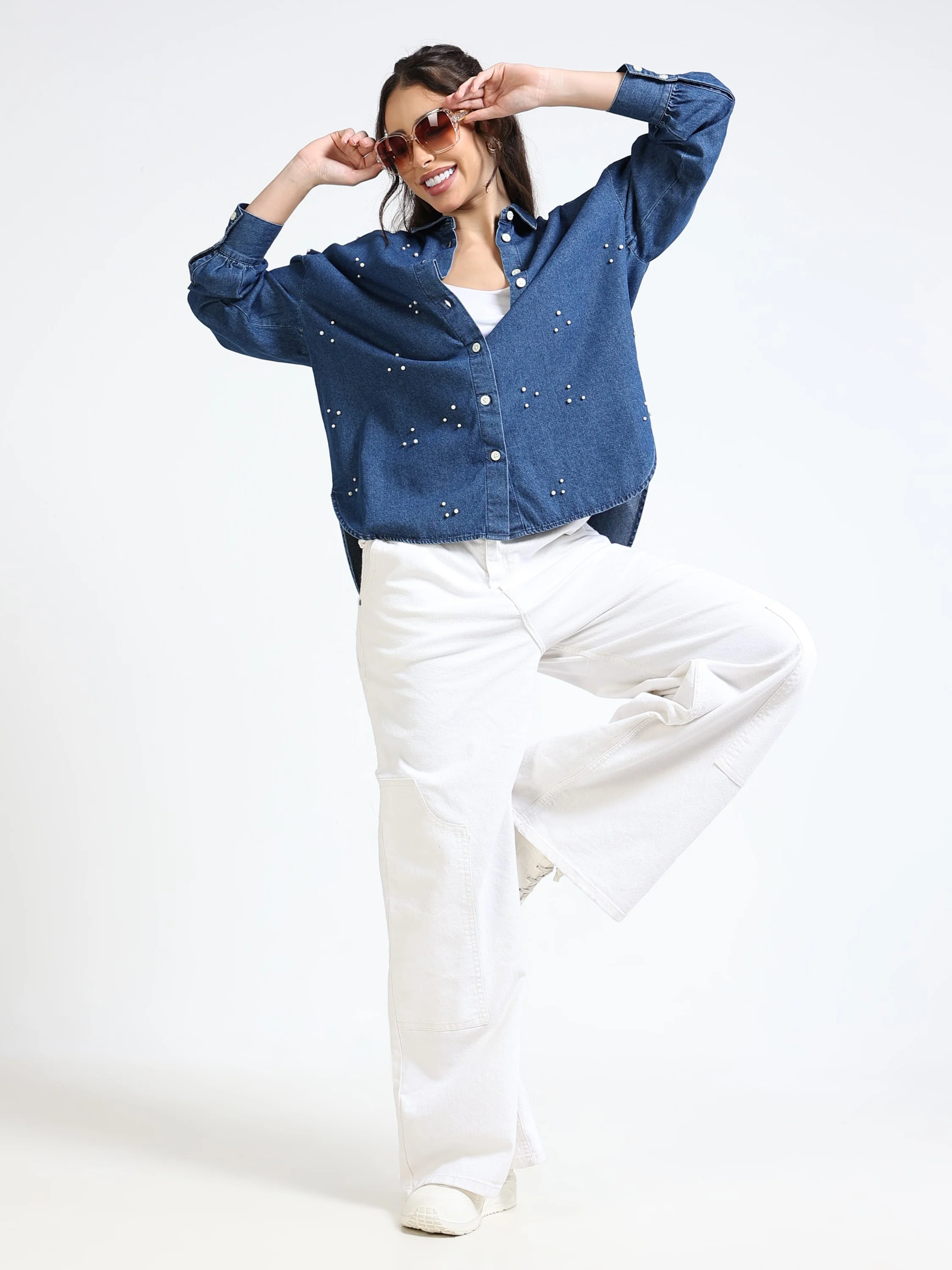 Women Denim Blue Pearl Shirt - Image 7