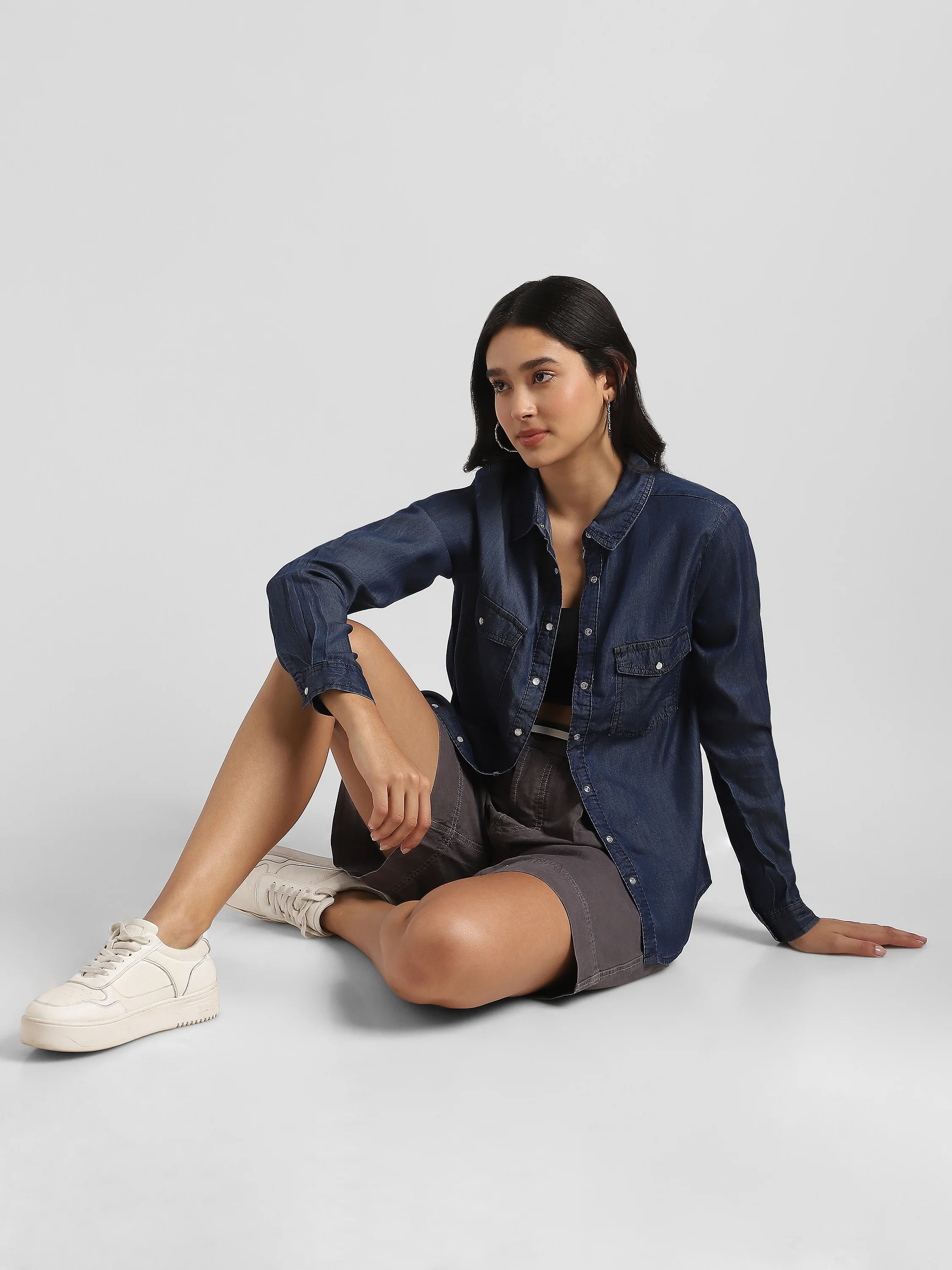 Women Denim Button Down Shirt - Image 3