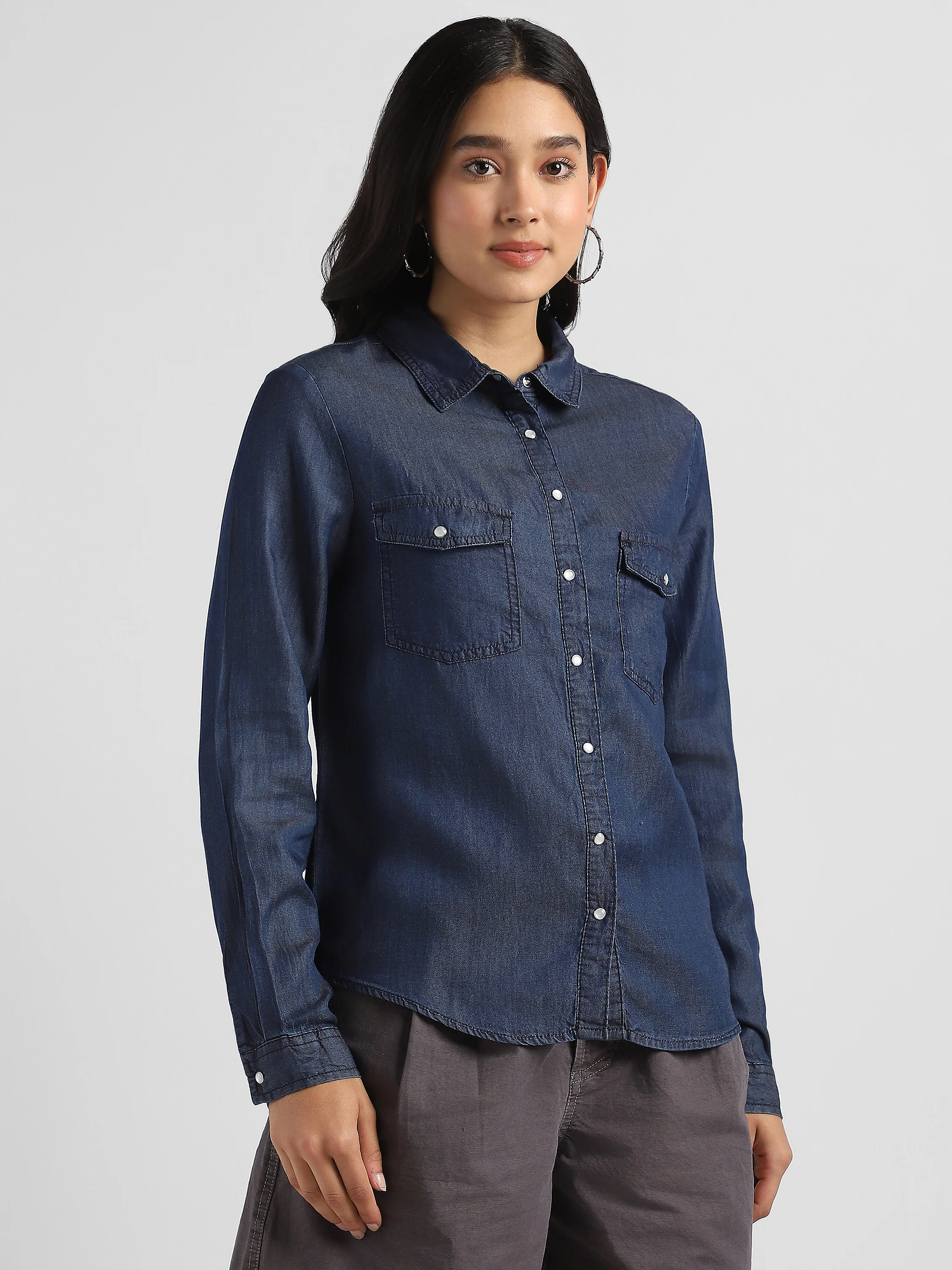 Women Denim Button Down Shirt - Image 4