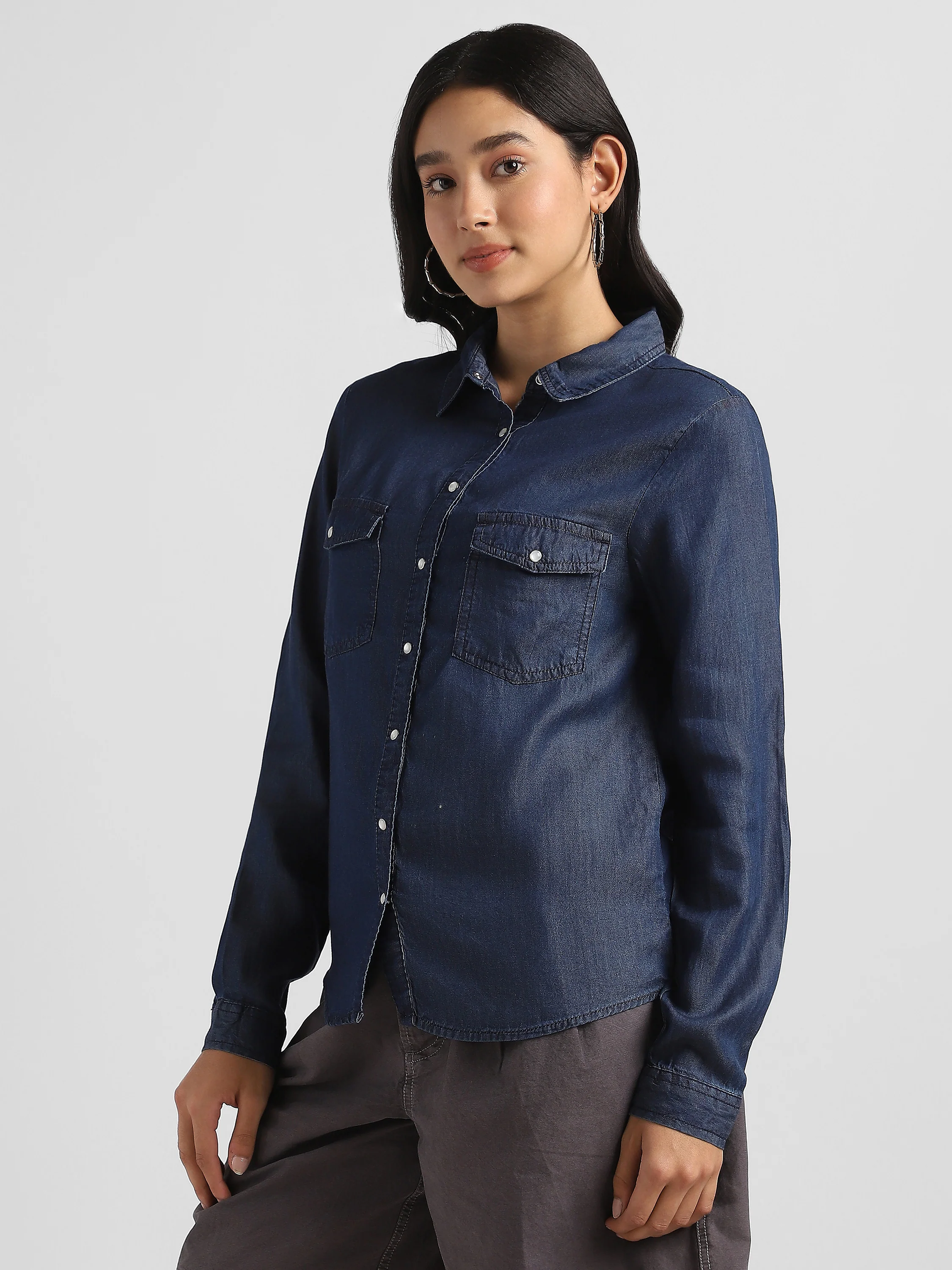 Women Denim Button Down Shirt - Image 5