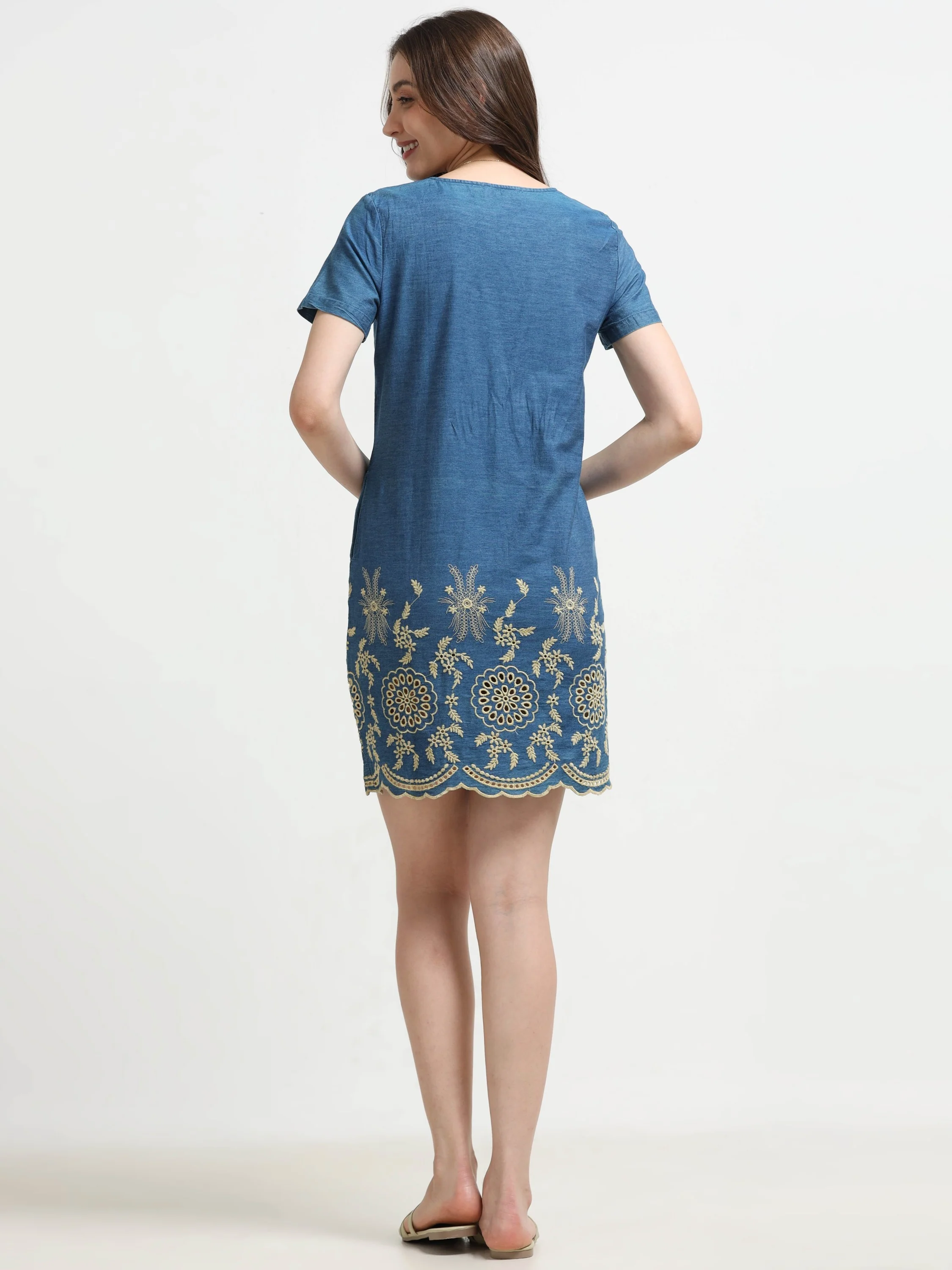 Women Denim Embroidered Hem Dress - Image 3