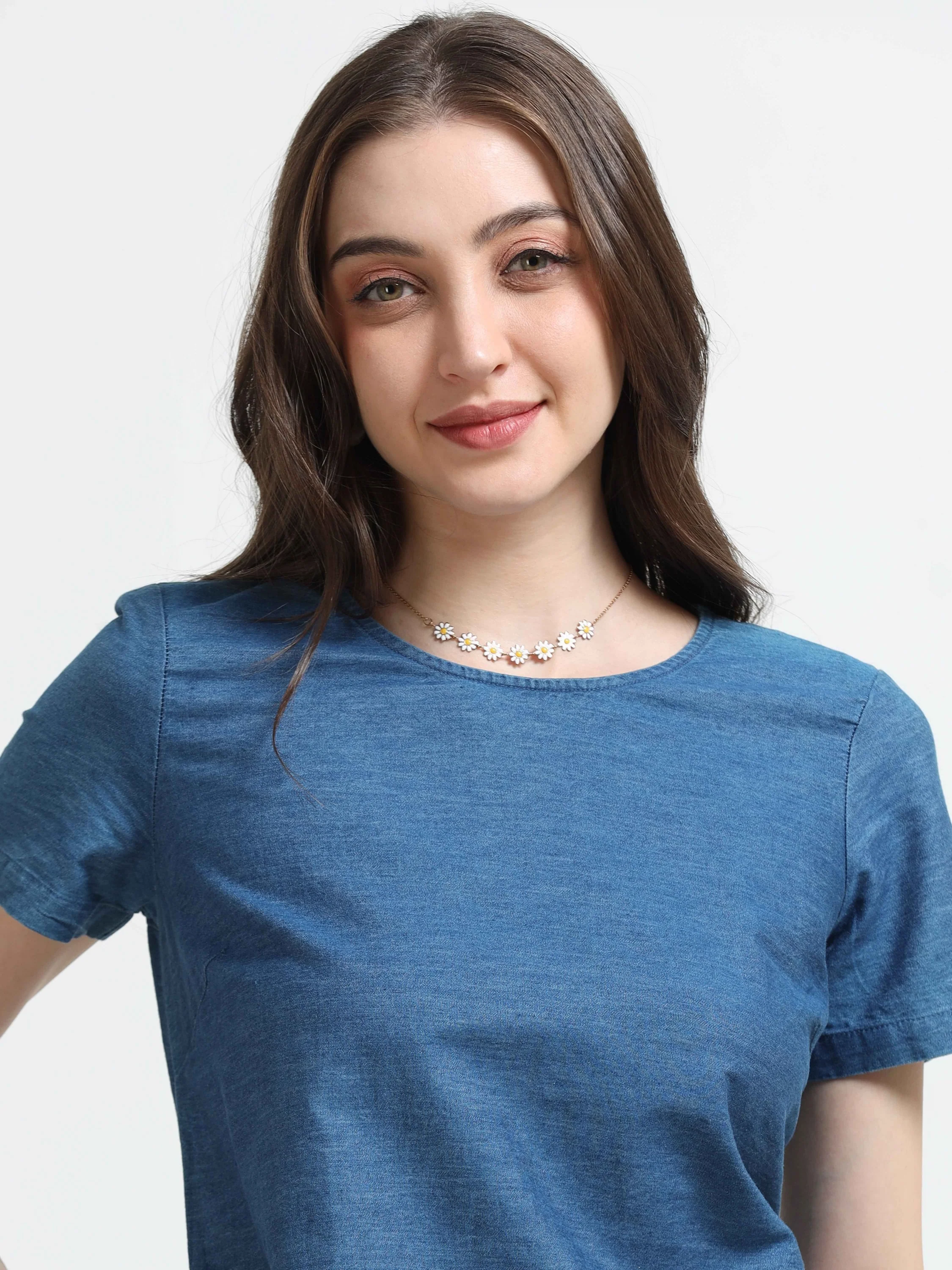 Women Denim Embroidered Hem Dress - Image 4