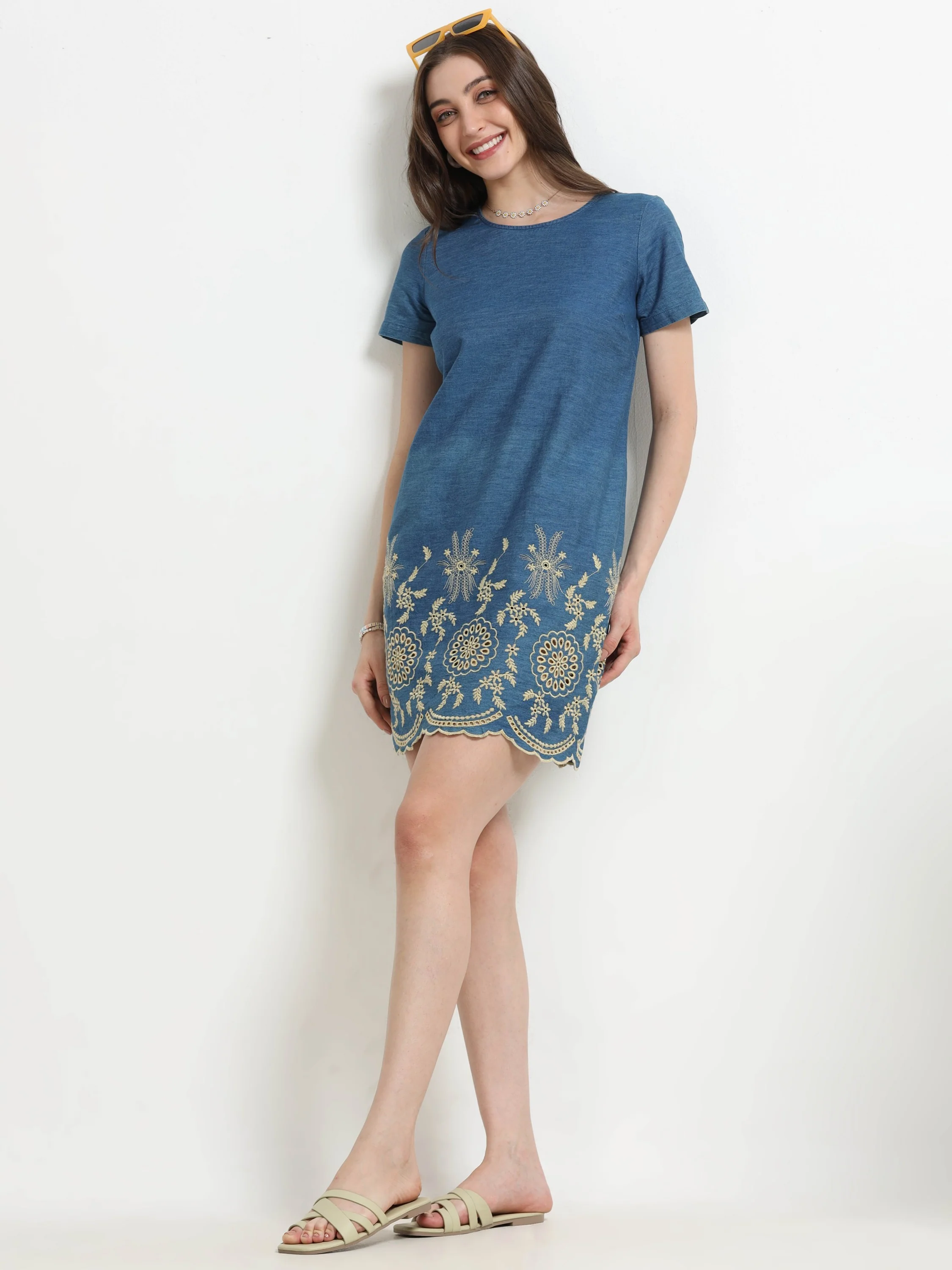 Women Denim Embroidered Hem Dress - Image 5