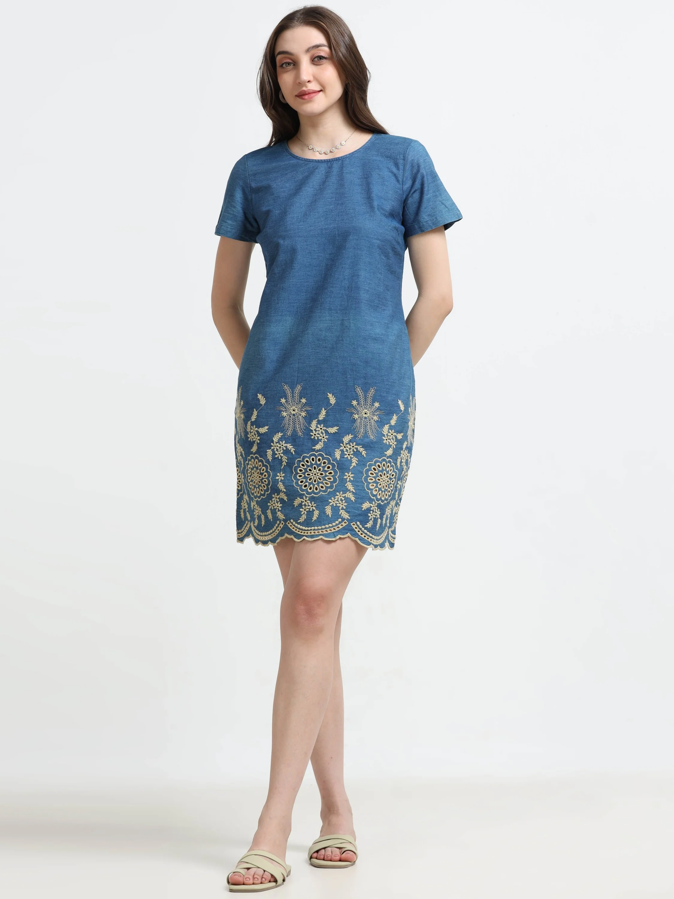 Women Denim Embroidered Hem Dress - Image 6