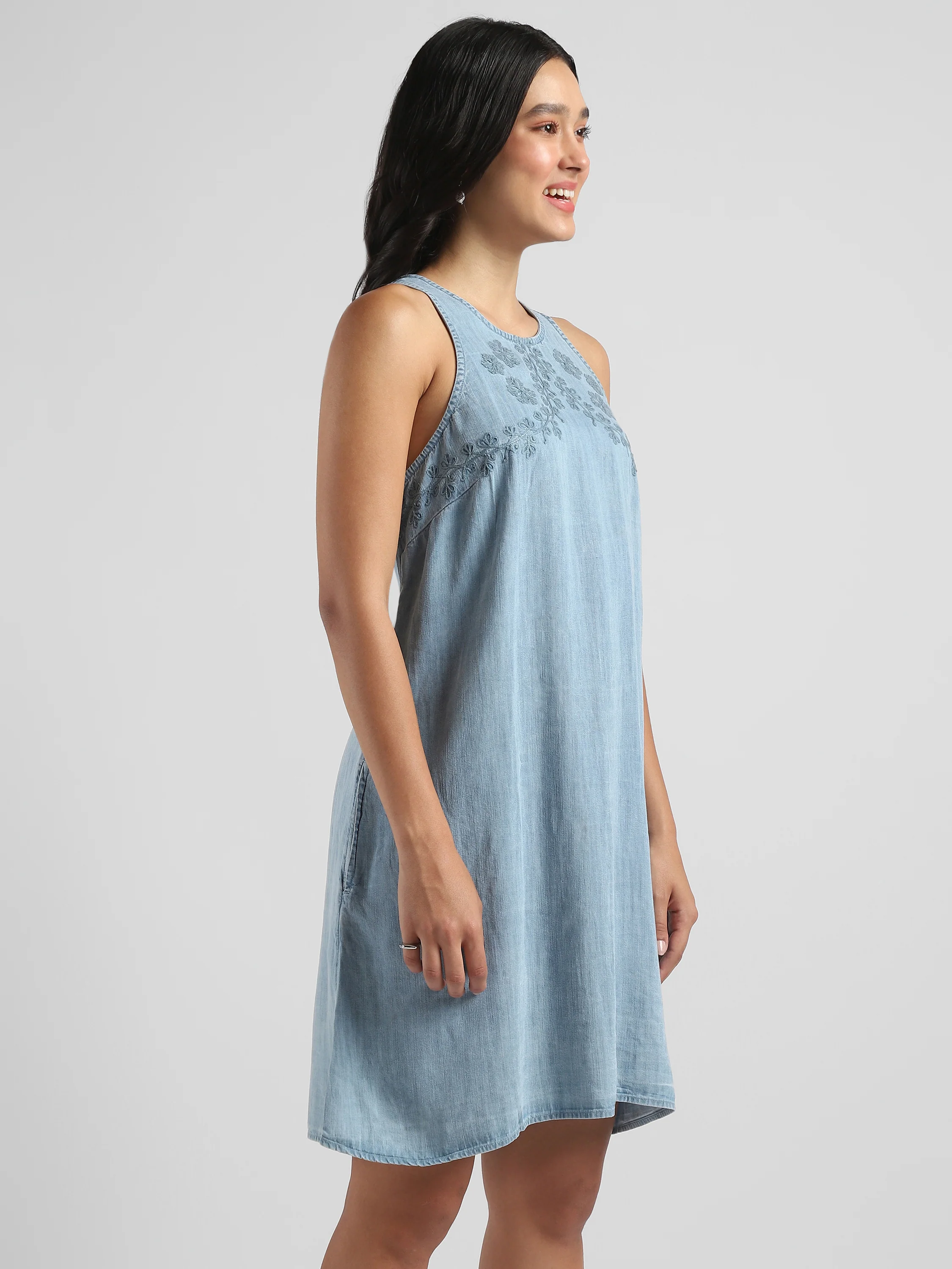 Women Denim Embroidered Midi Dress - Image 3