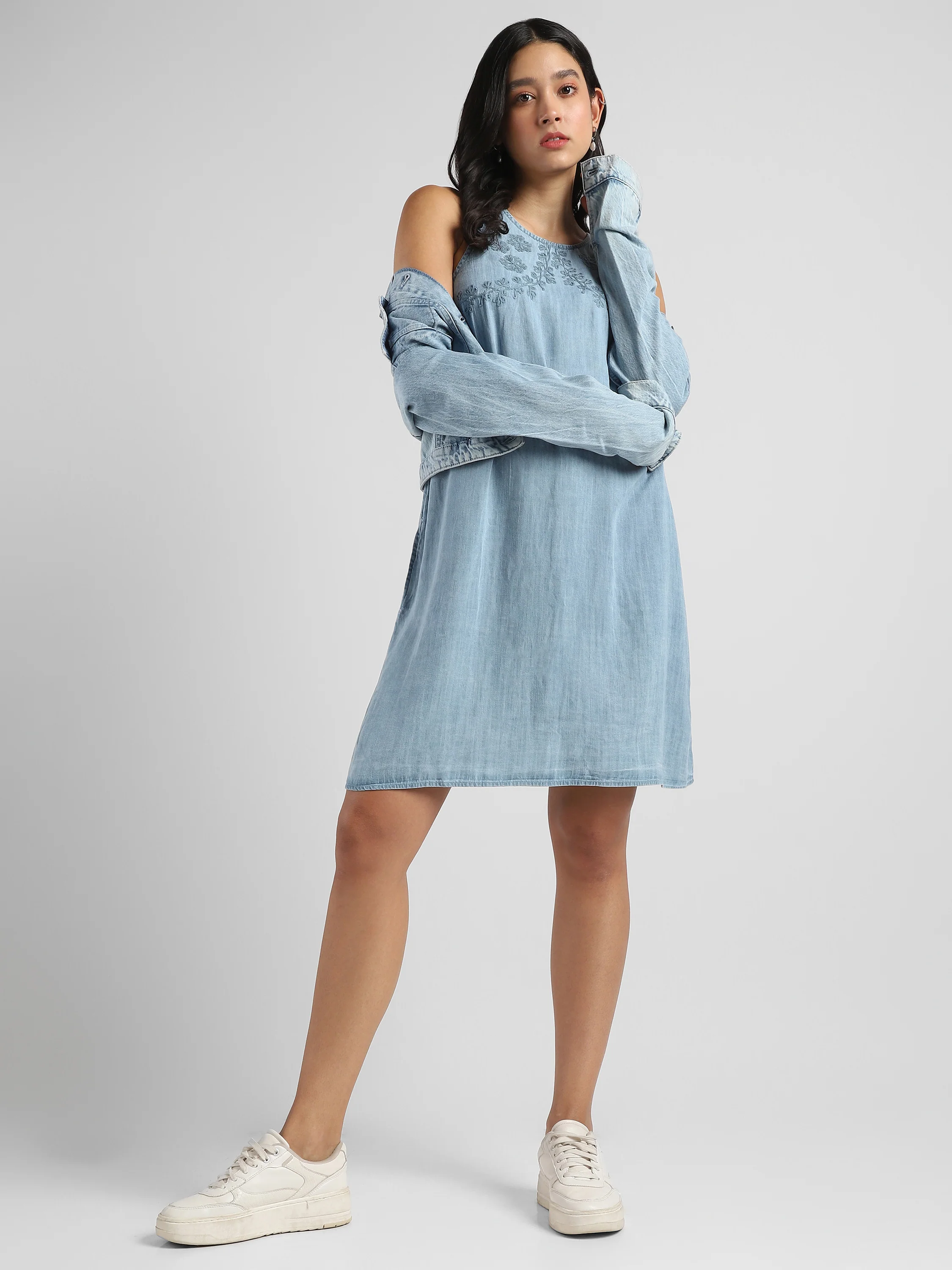Women Denim Embroidered Midi Dress - Image 4