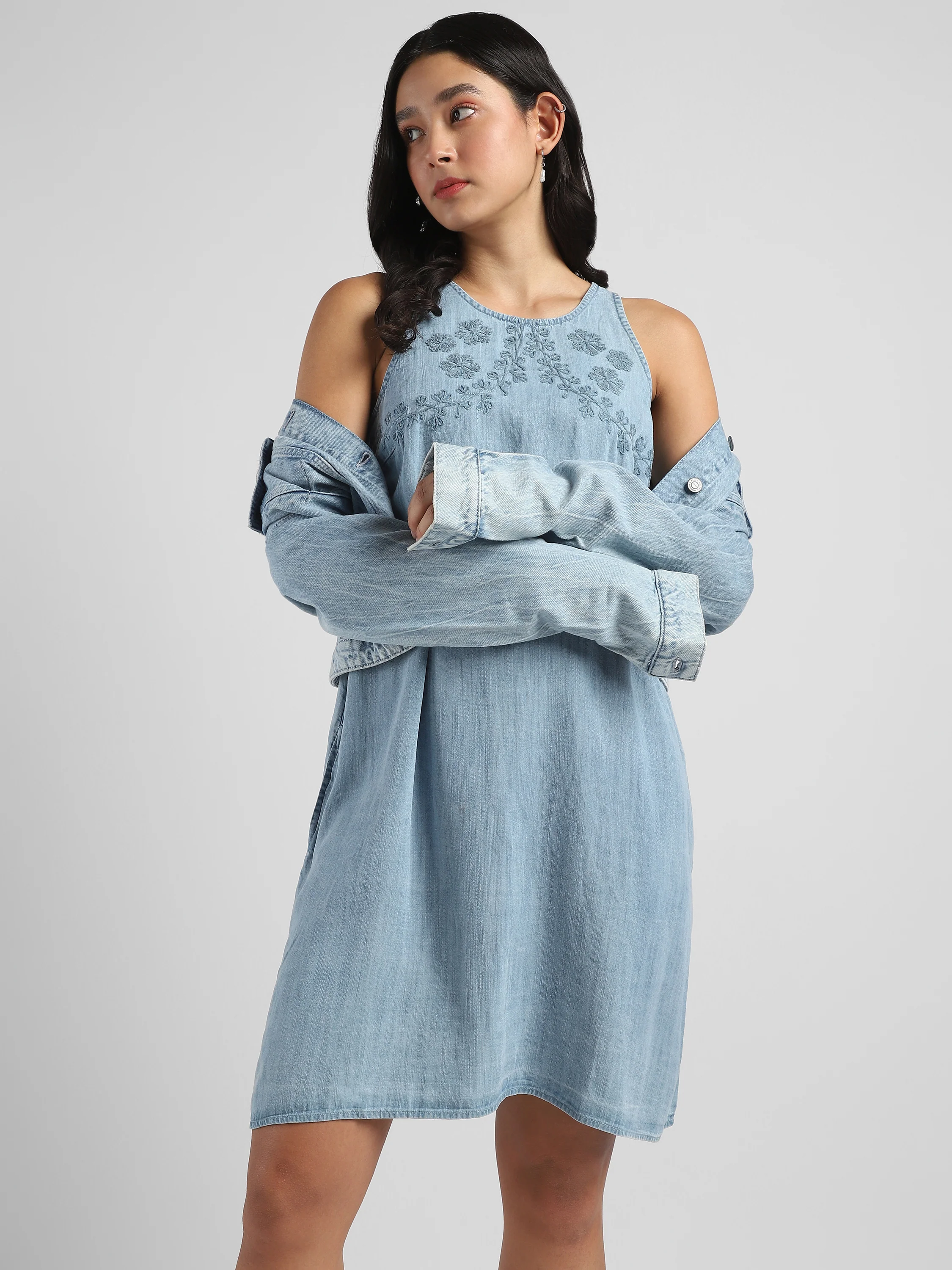 Women Denim Embroidered Midi Dress - Image 6