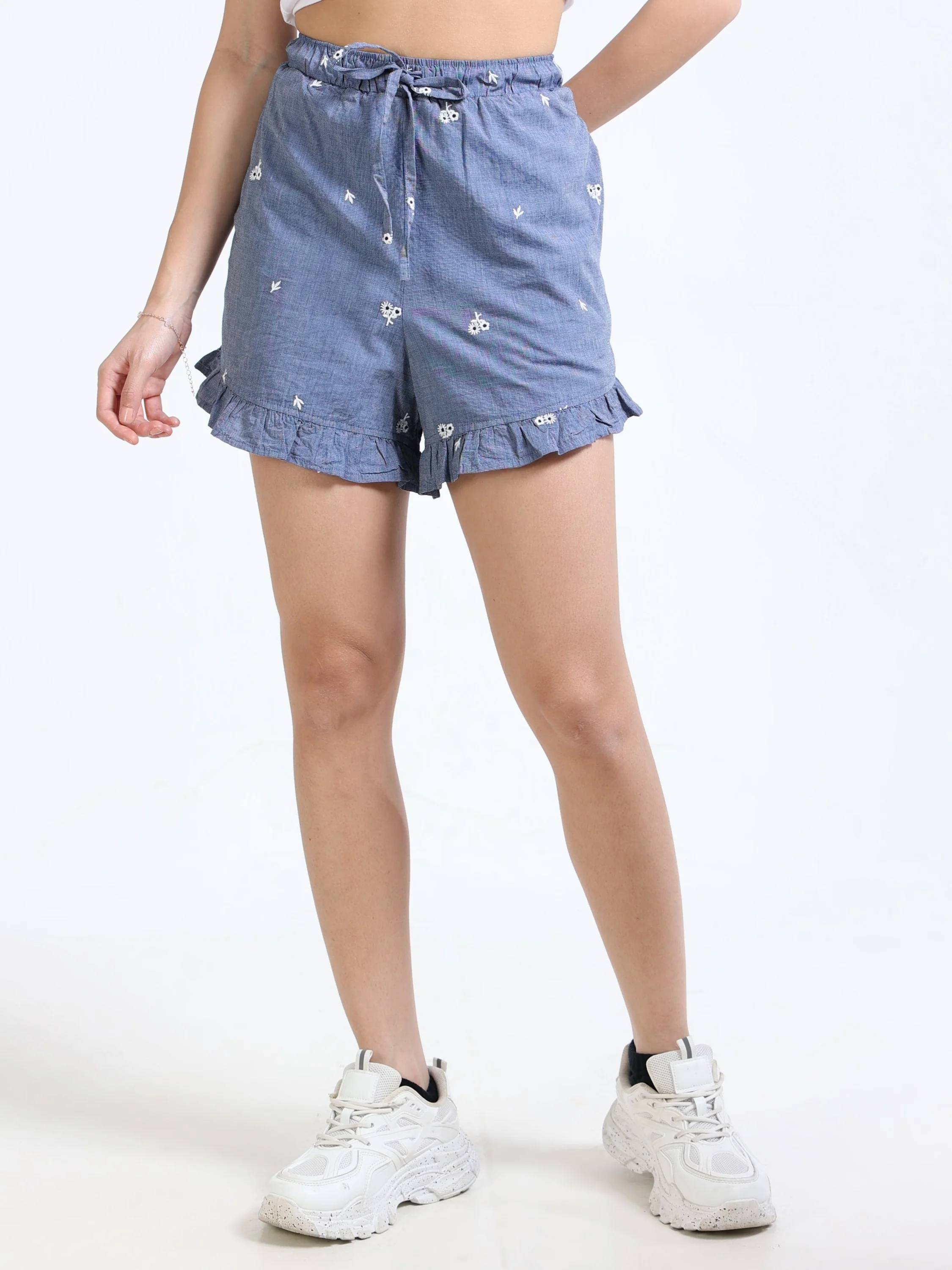 Women Denim Embroidered Shorts - Image 5