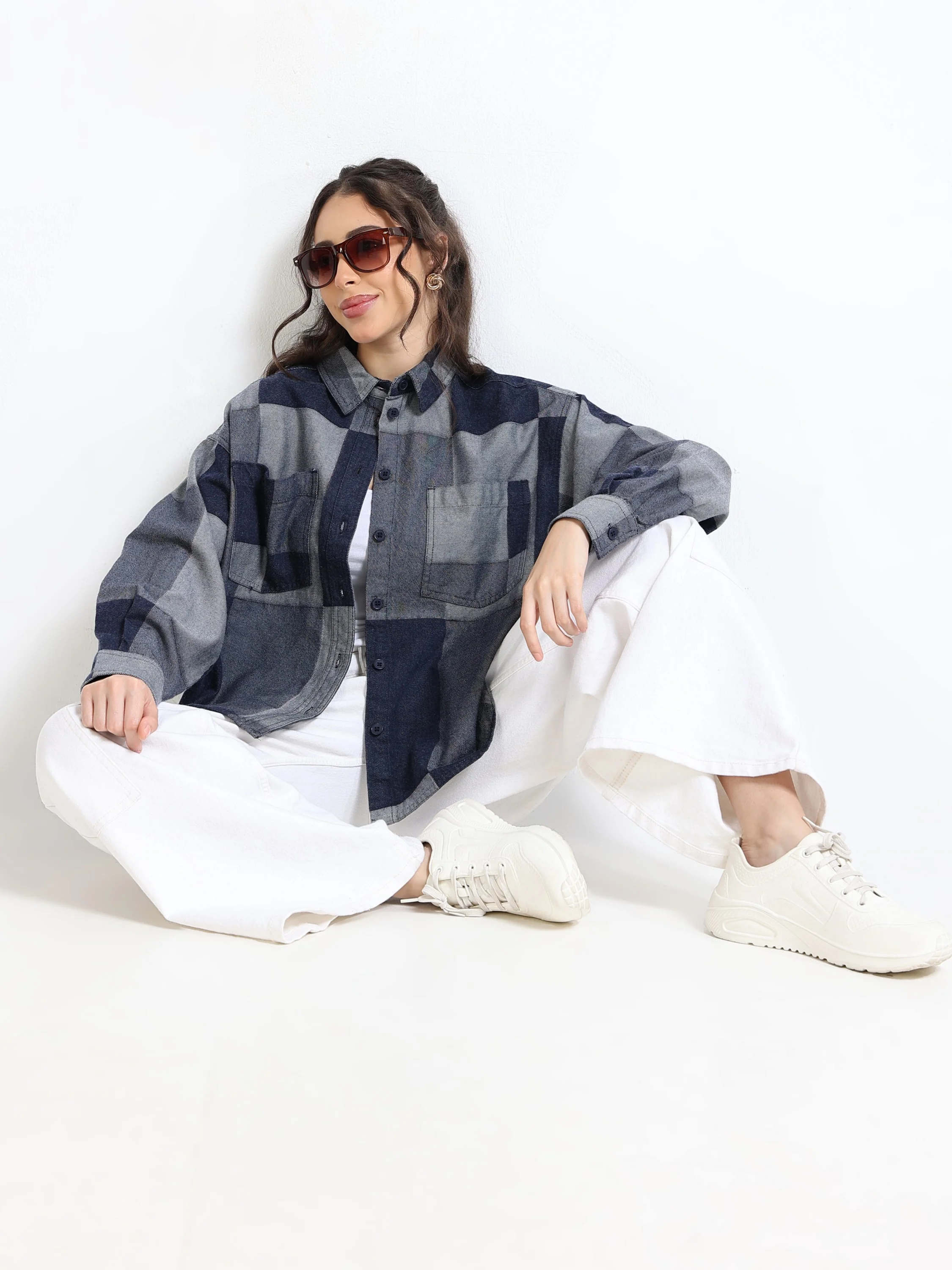 Women Denim Patch Pattern Shirt - Image 2
