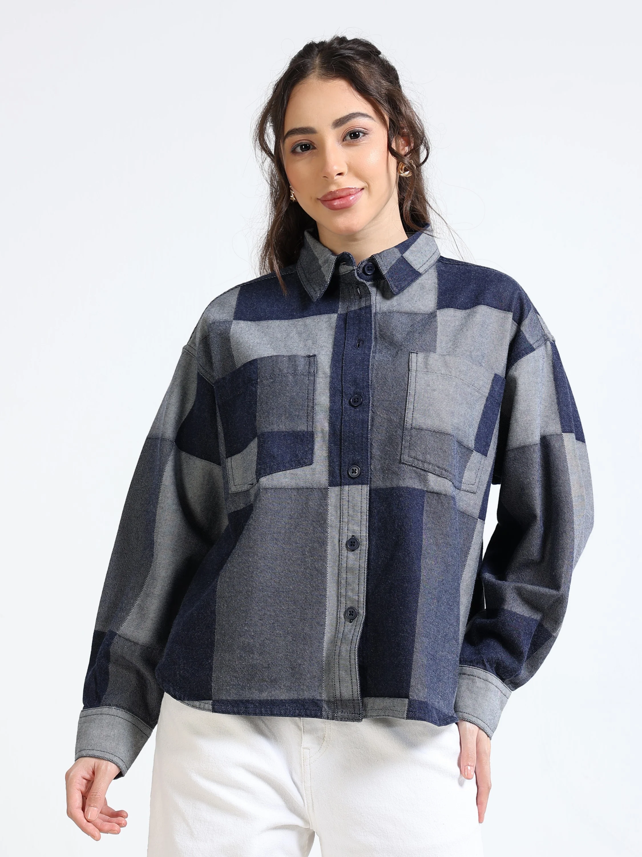 Women Denim Patch Pattern Shirt - Image 3