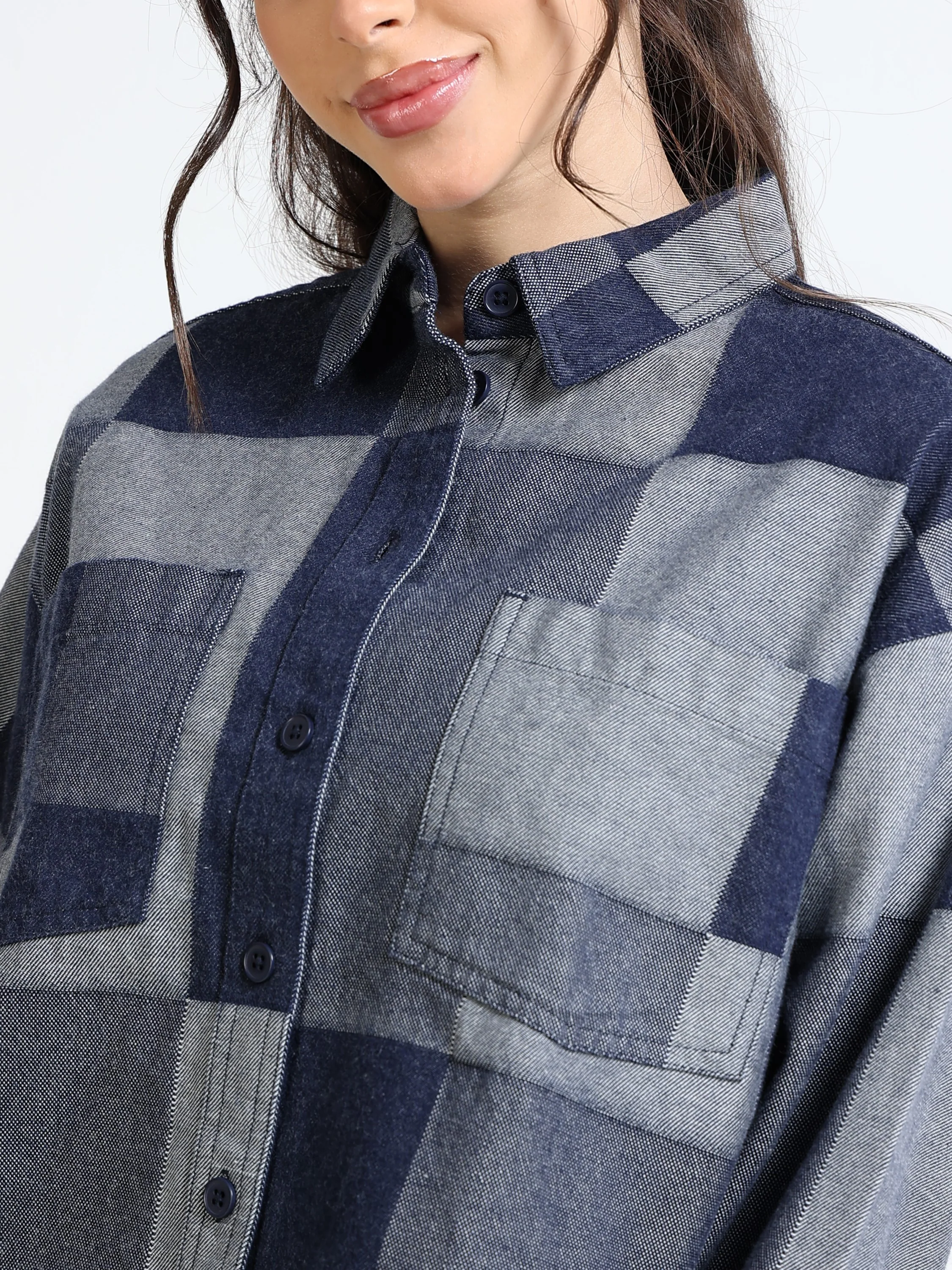 Women Denim Patch Pattern Shirt - Image 4