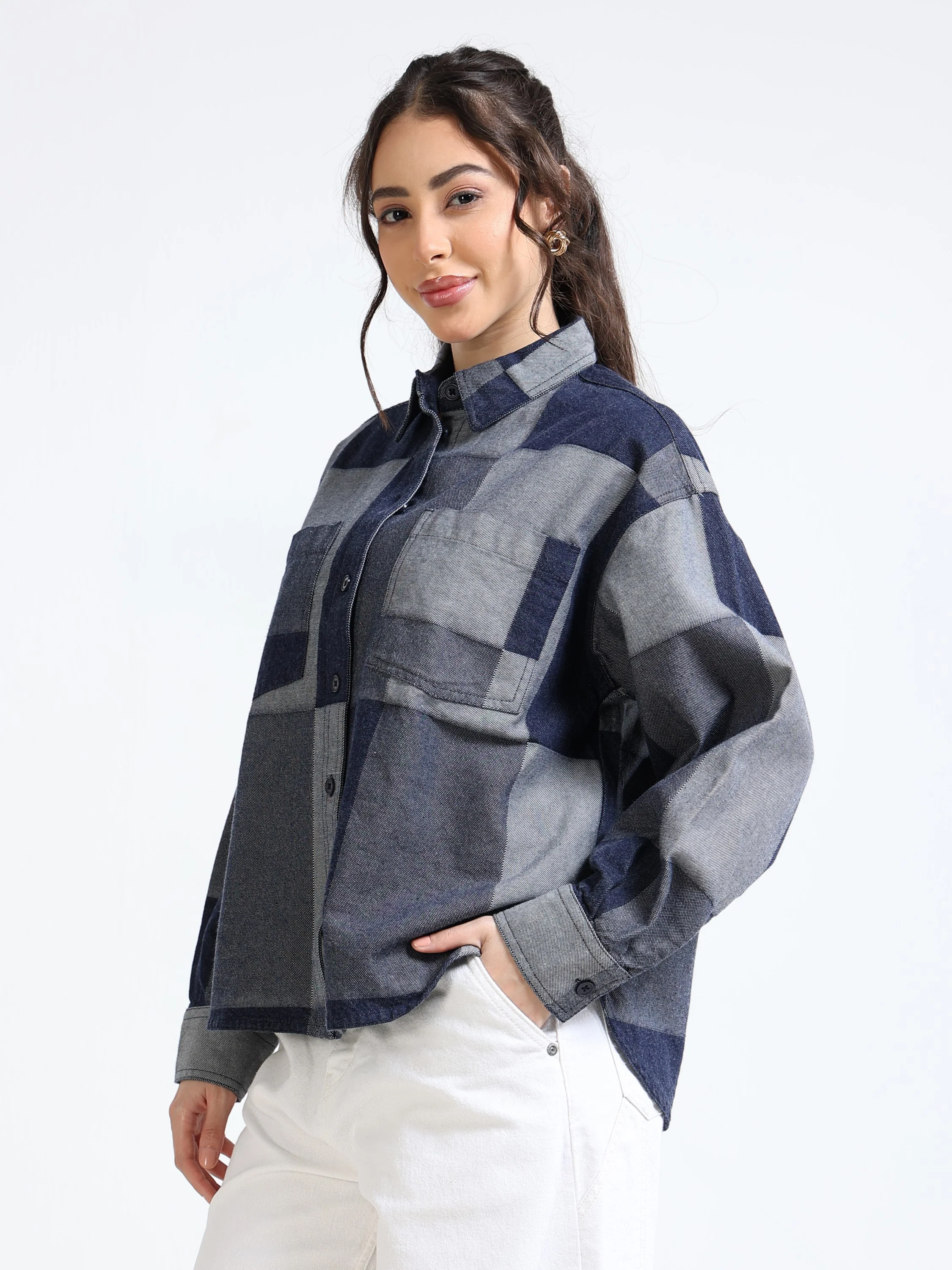 Women Denim Patch Pattern Shirt - Image 6