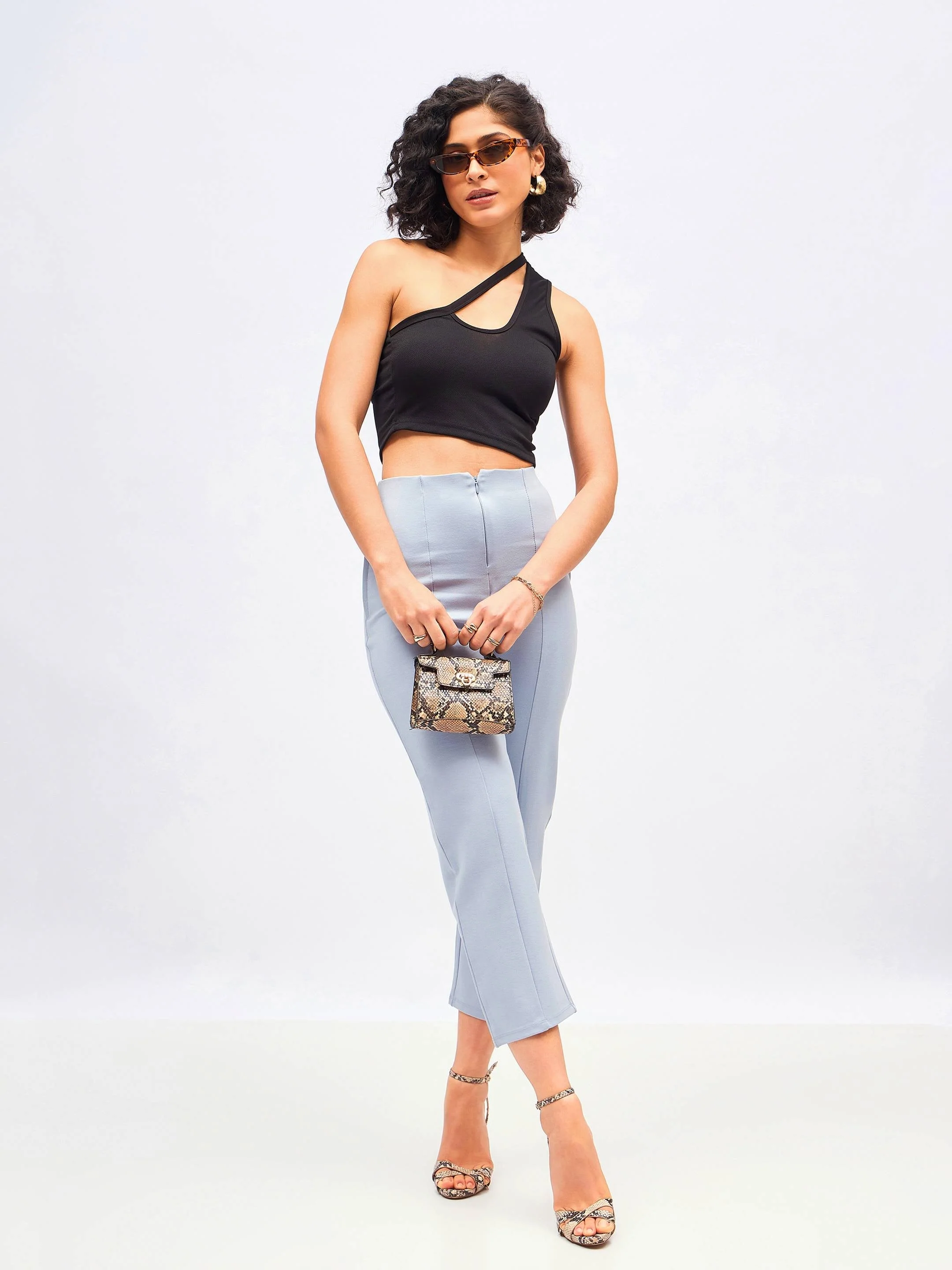 Women Dull Blue Front Darted High Waisted Pants - Image 2