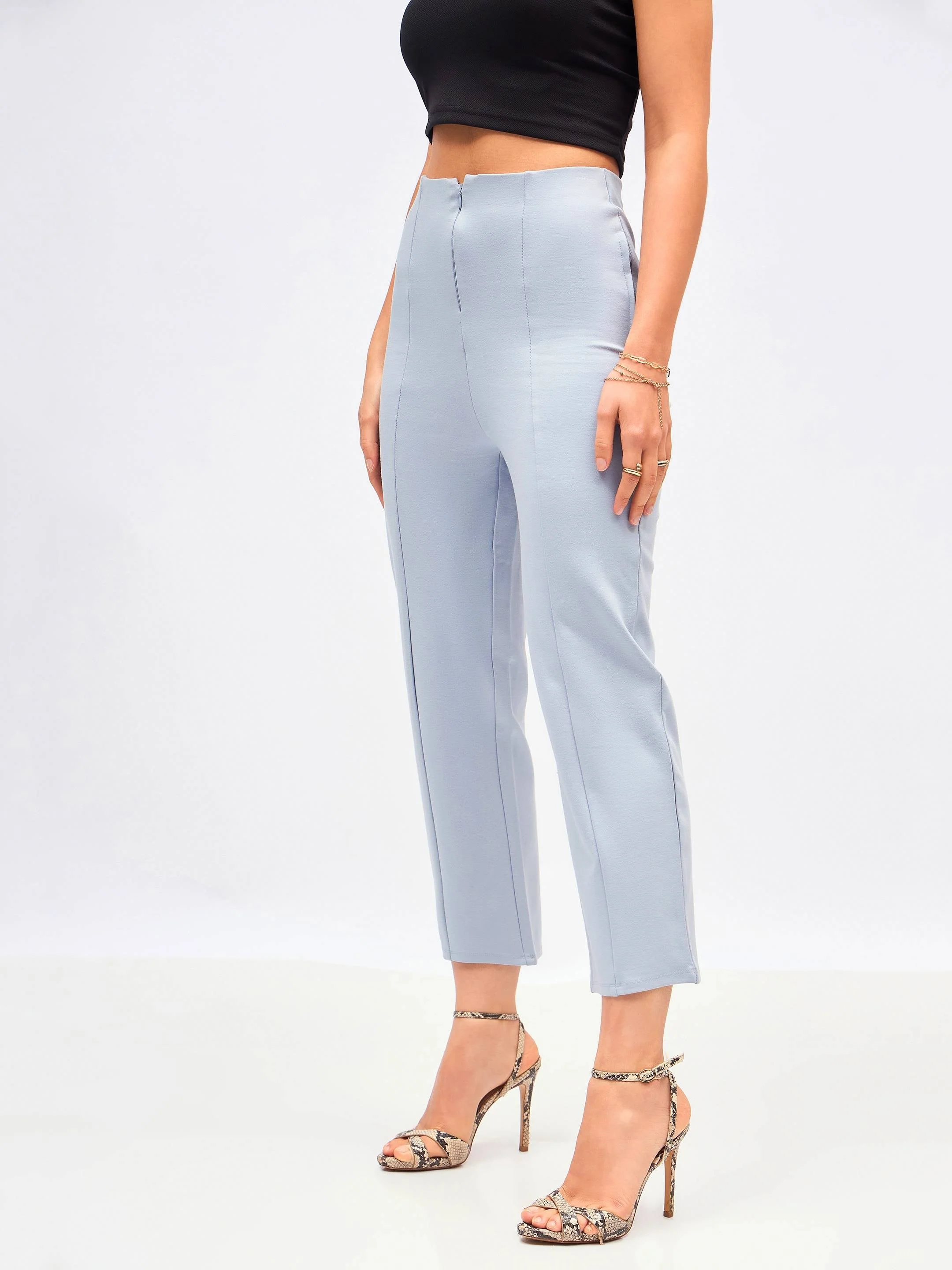 Women Dull Blue Front Darted High Waisted Pants - Image 3