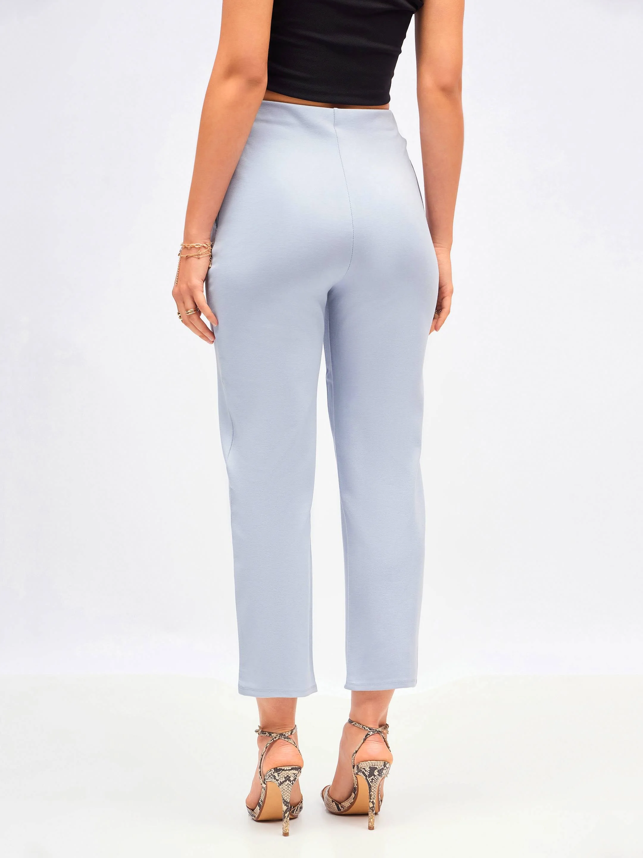 Women Dull Blue Front Darted High Waisted Pants - Image 5
