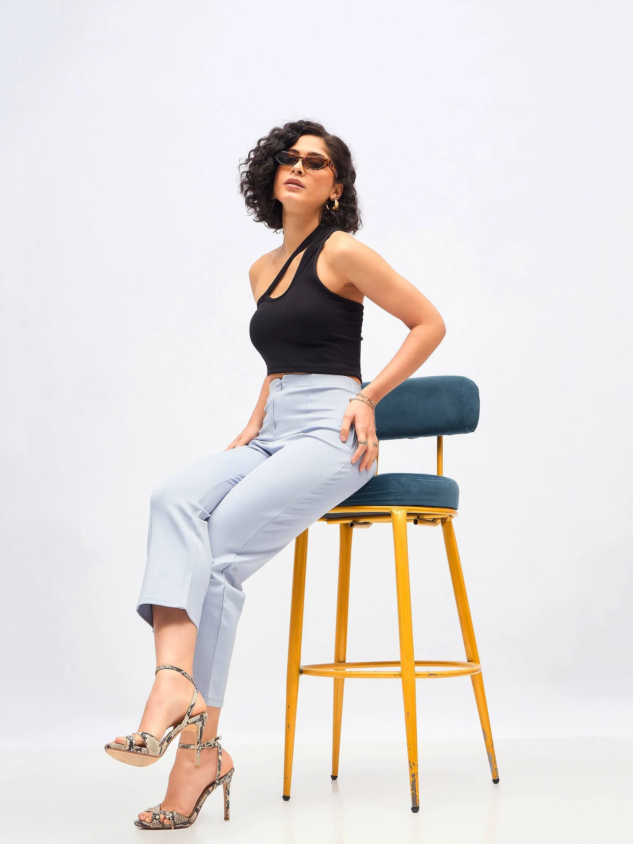 Women Dull Blue Front Darted High Waisted Pants - Image 6