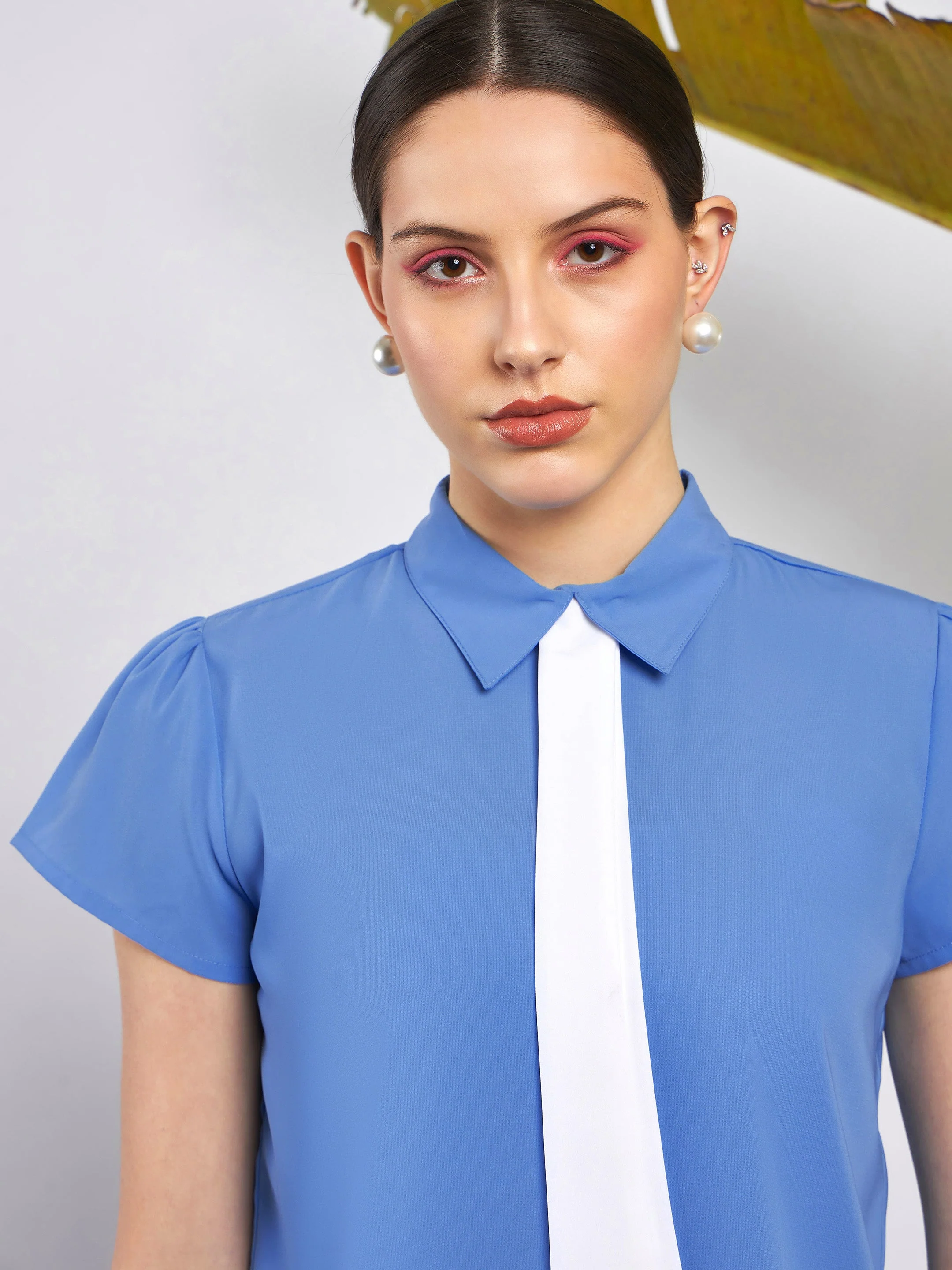 Women Dull Blue Neck Tie Detail Top - Image 4