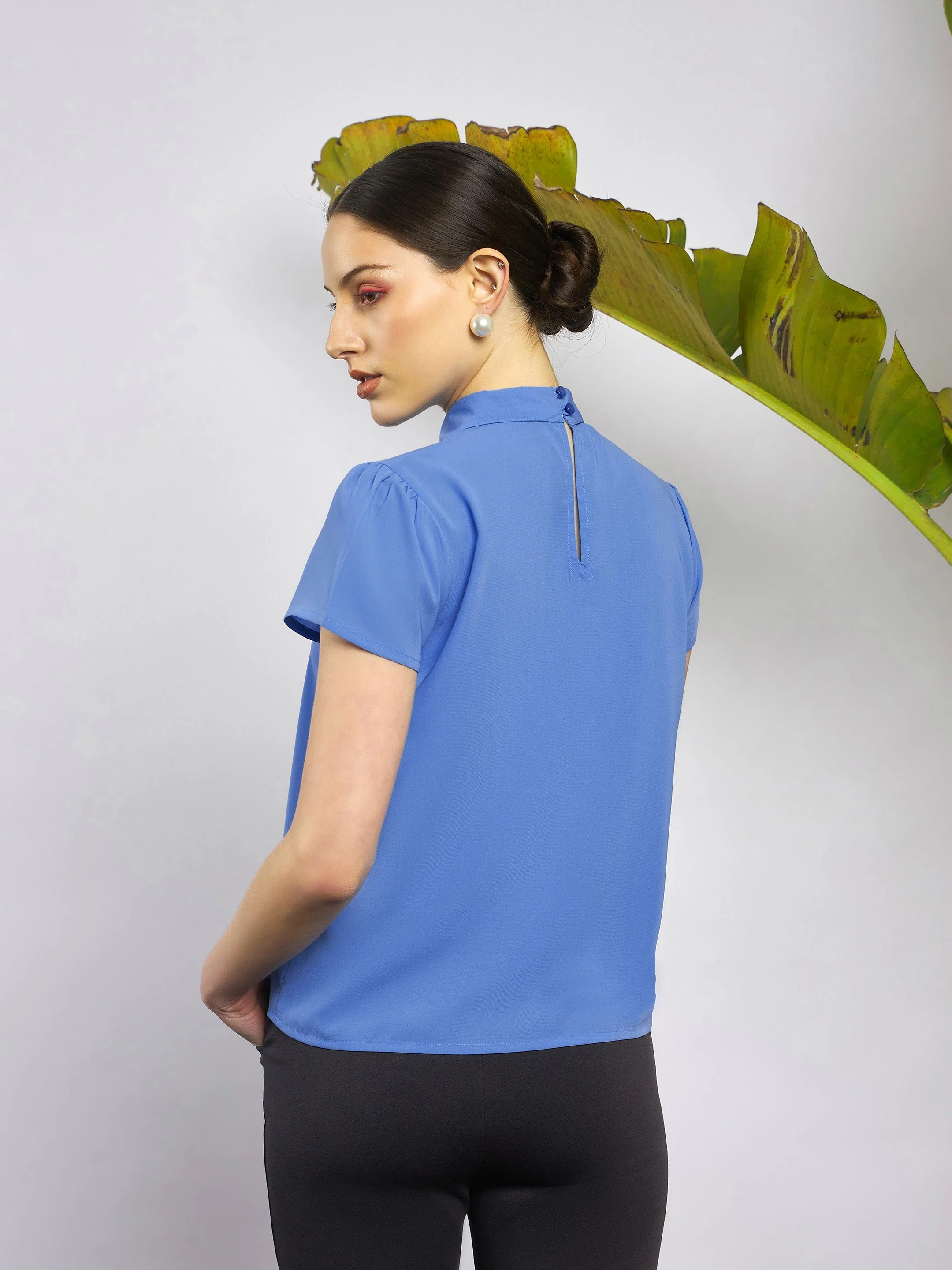 Women Dull Blue Neck Tie Detail Top - Image 5