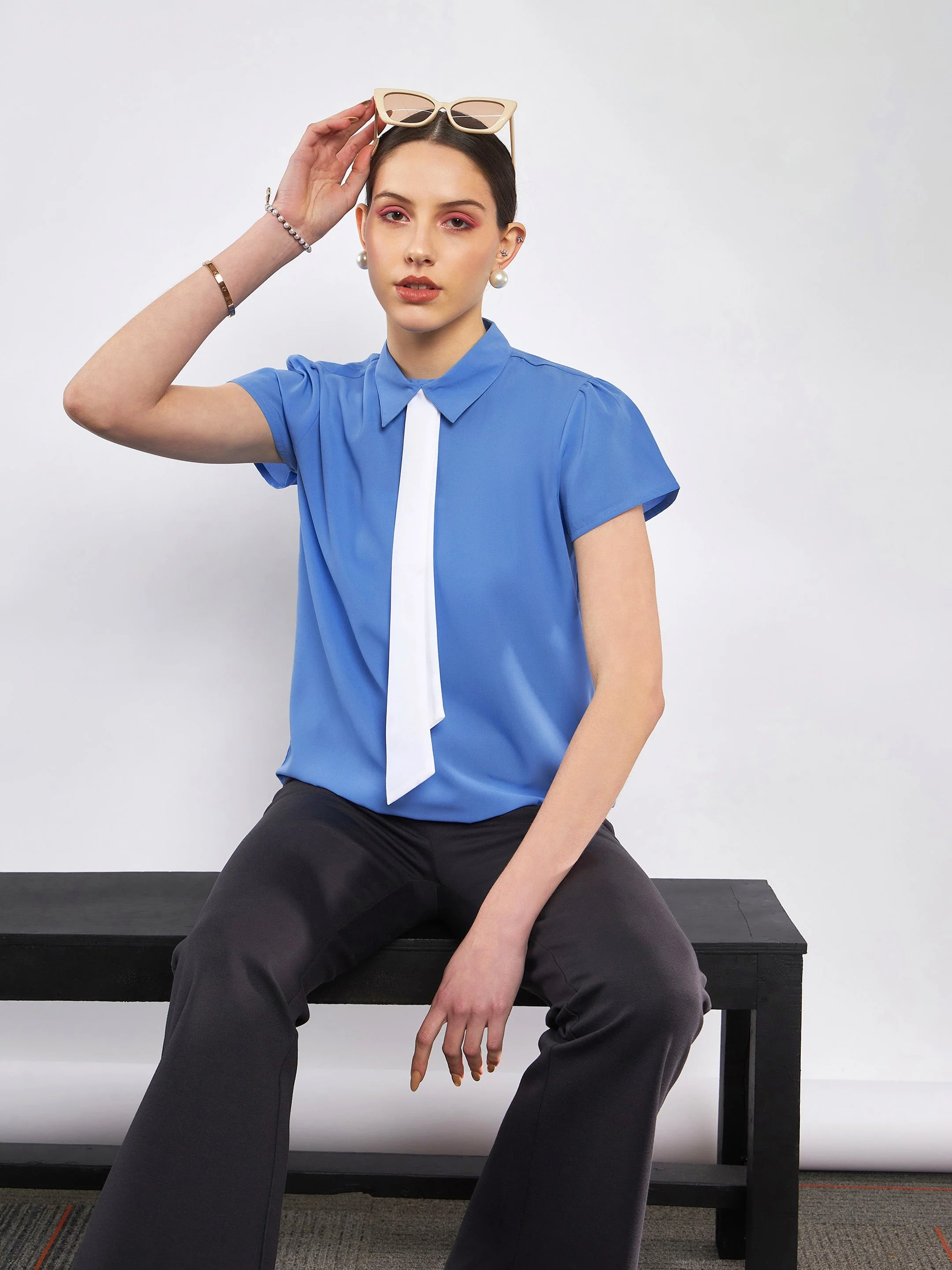 Women Dull Blue Neck Tie Detail Top - Image 6