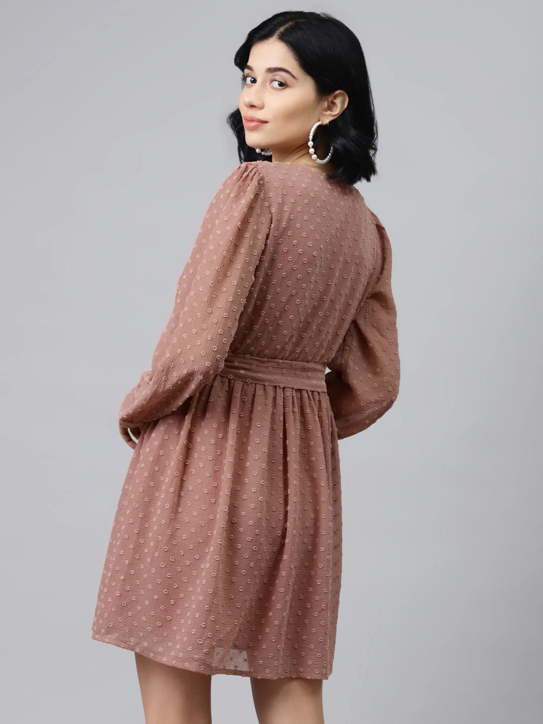 Women Dusty Pink Wrap Full Sleeves Dress - Image 3