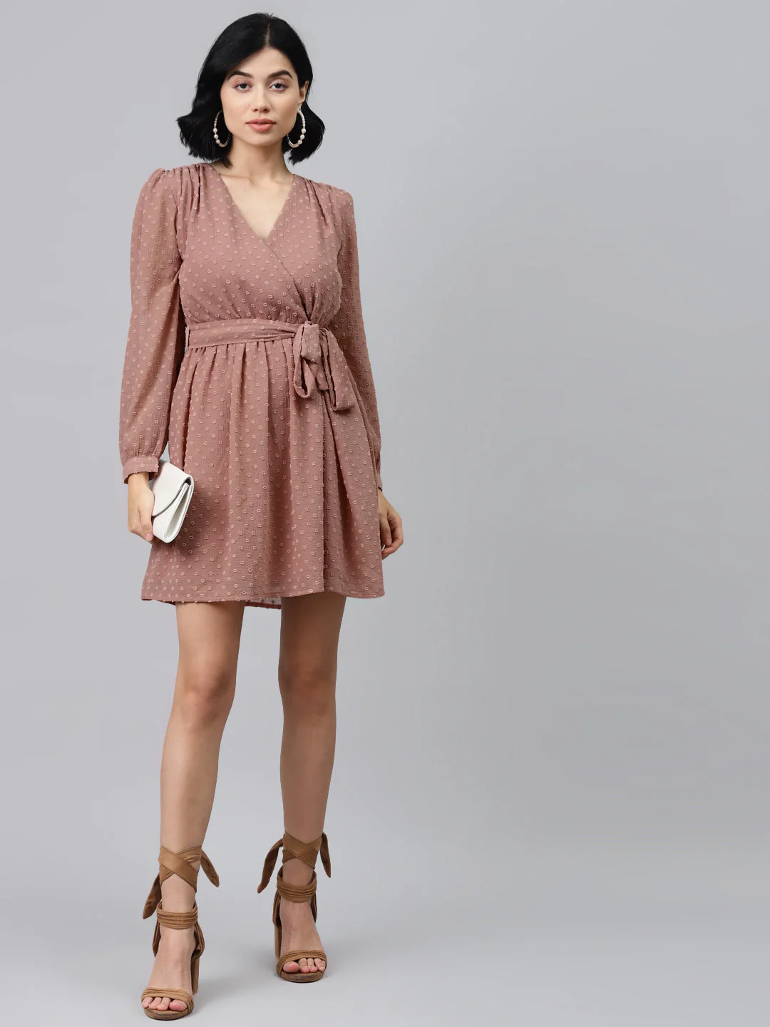 Women Dusty Pink Wrap Full Sleeves Dress - Image 4