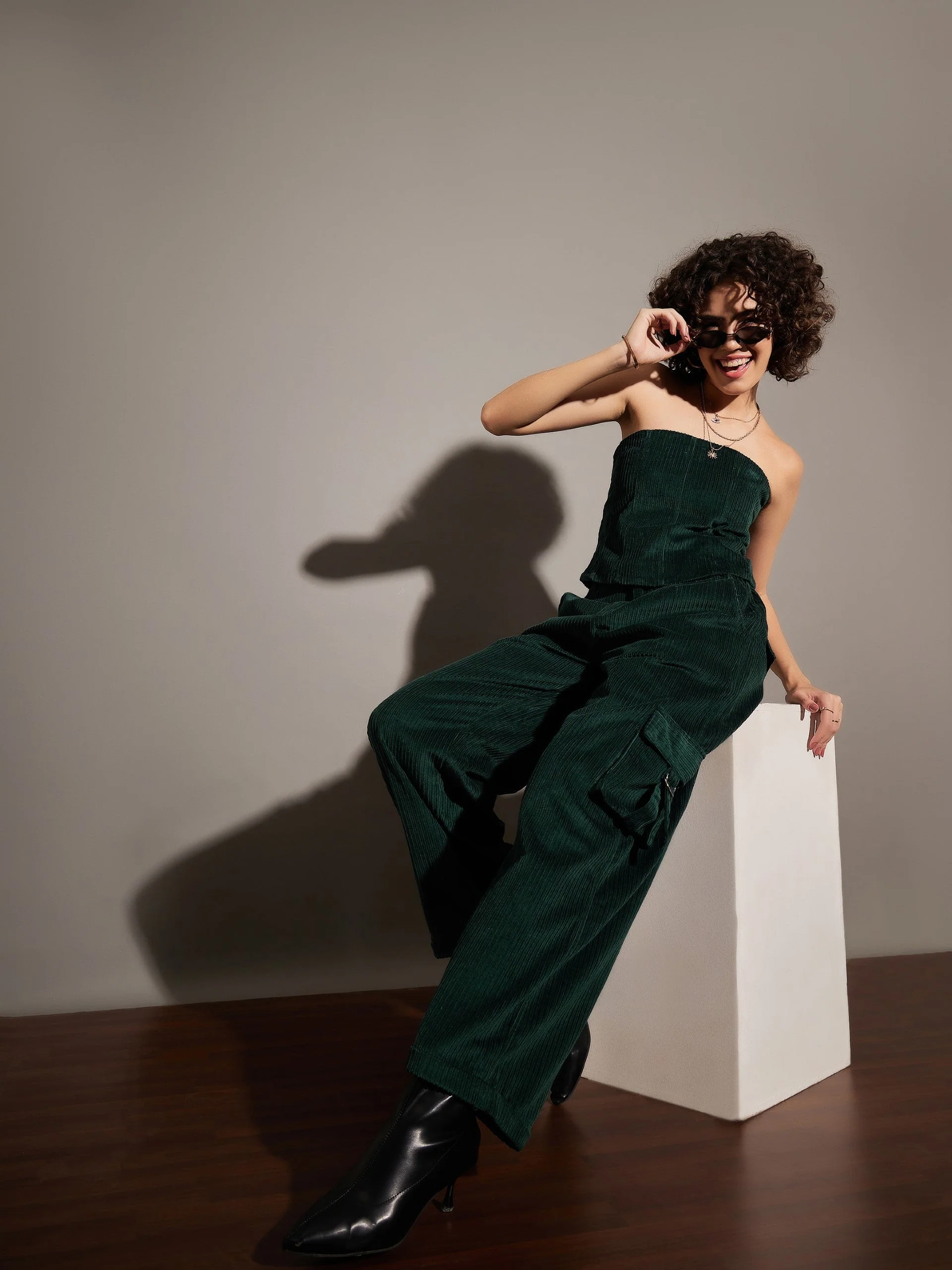 Women Emerald Corduroy Multi Pocket Cargo Pants - Image 2