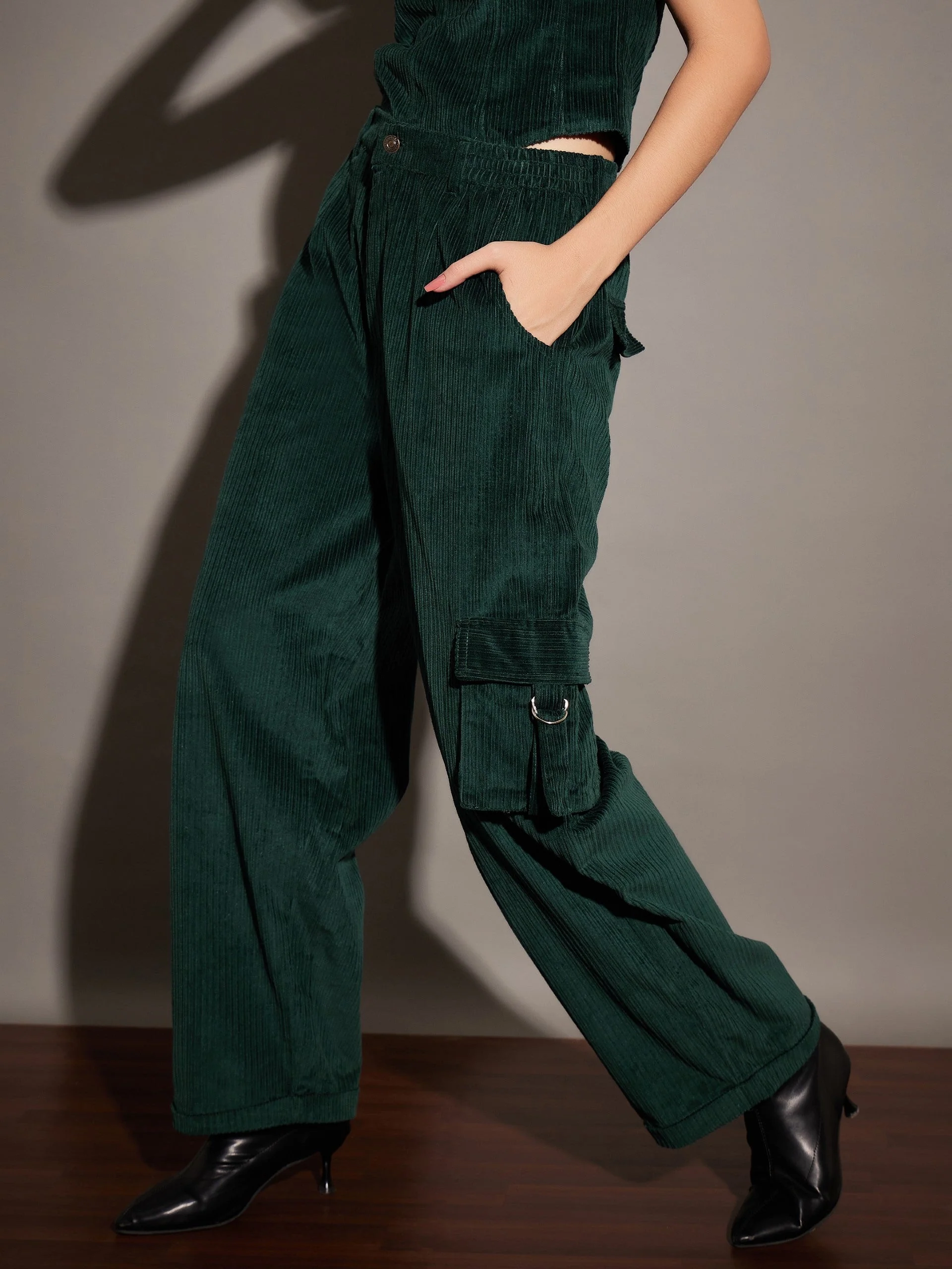 Women Emerald Corduroy Multi Pocket Cargo Pants - Image 3