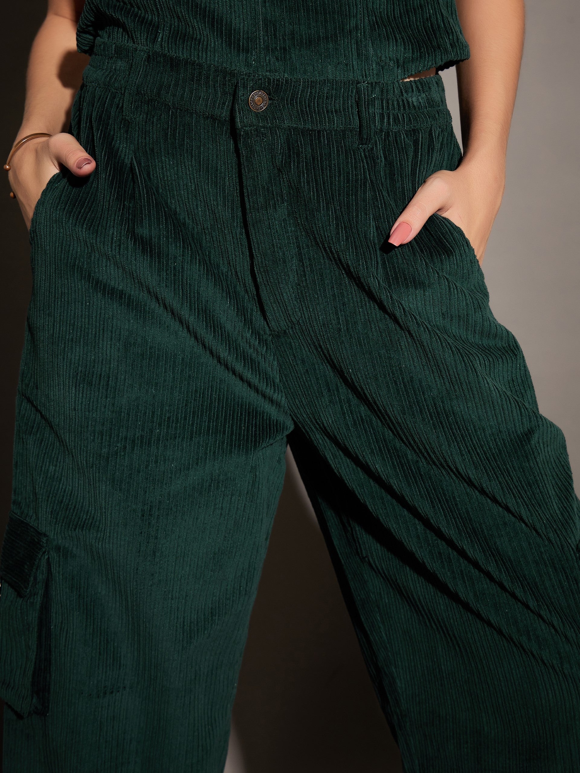 Women Emerald Corduroy Multi Pocket Cargo Pants - Image 4