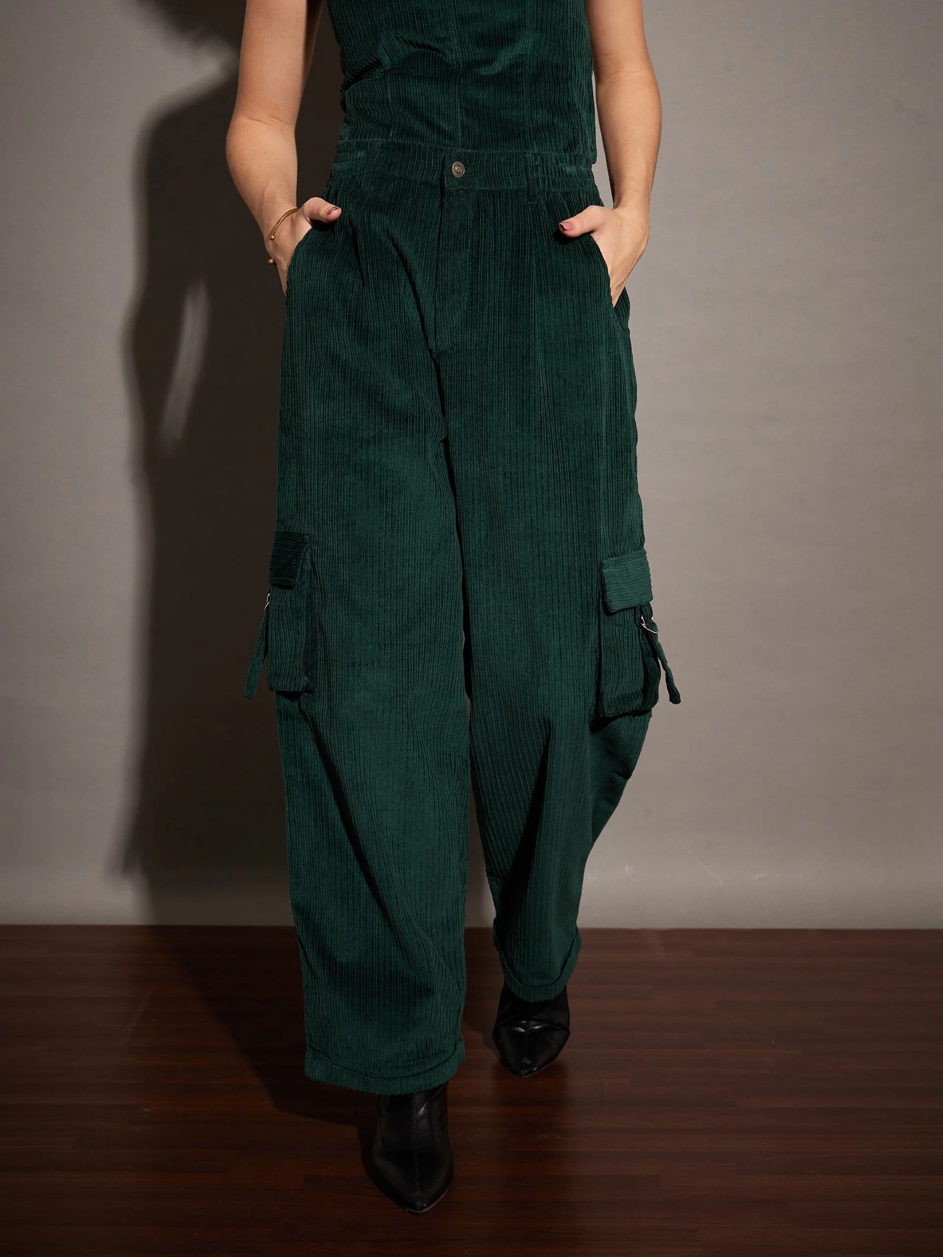 Women Emerald Corduroy Multi Pocket Cargo Pants - Image 6