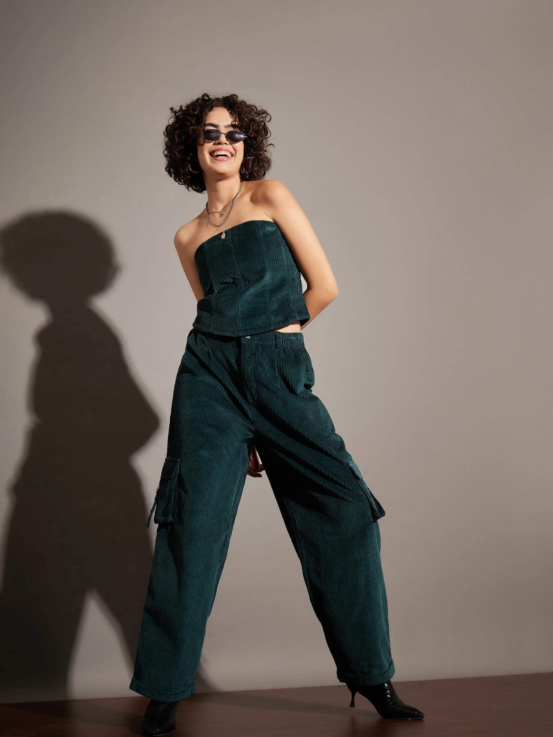 Women Emerald Corduroy Off Shoulder Crop Top - Image 2
