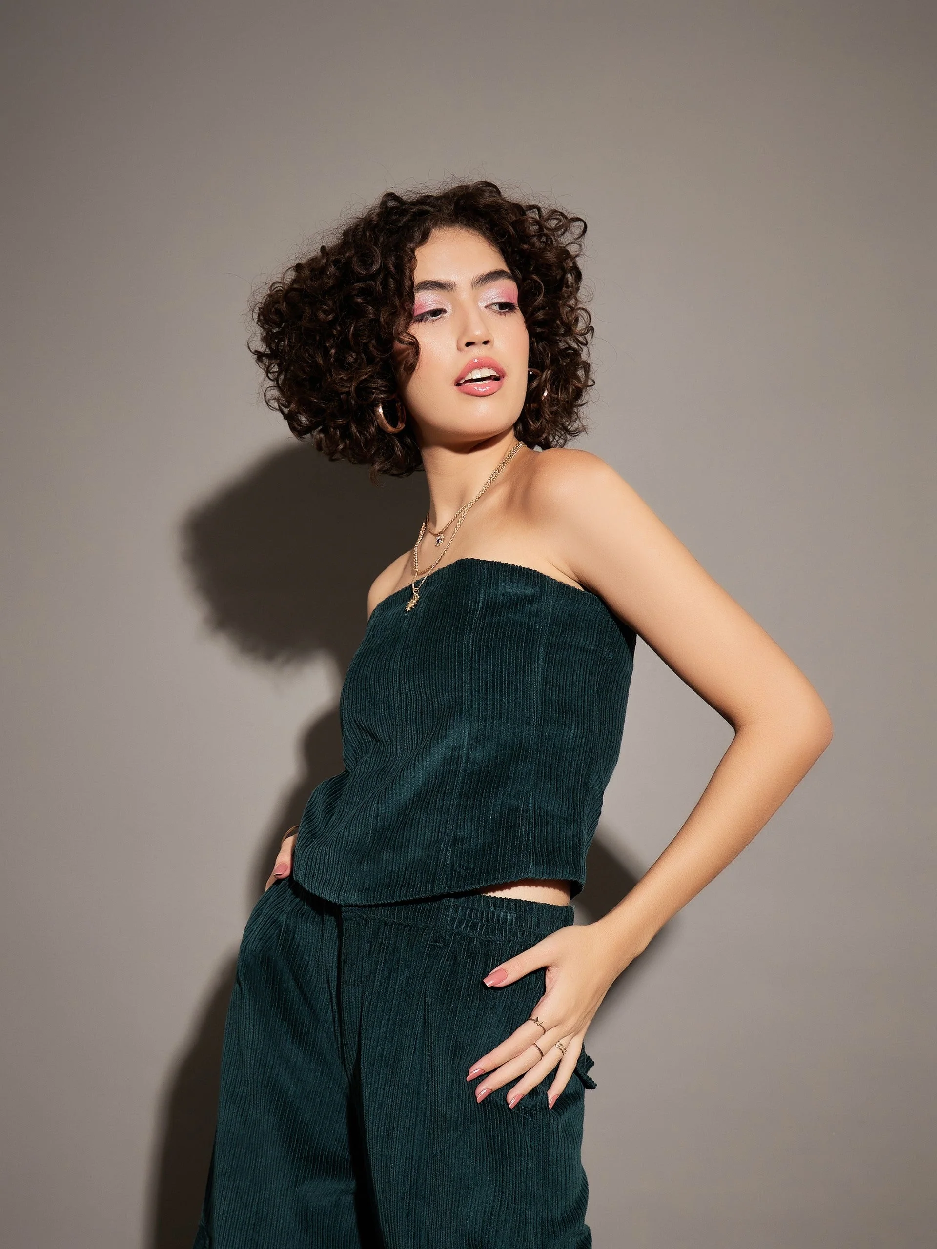 Women Emerald Corduroy Off Shoulder Crop Top - Image 3