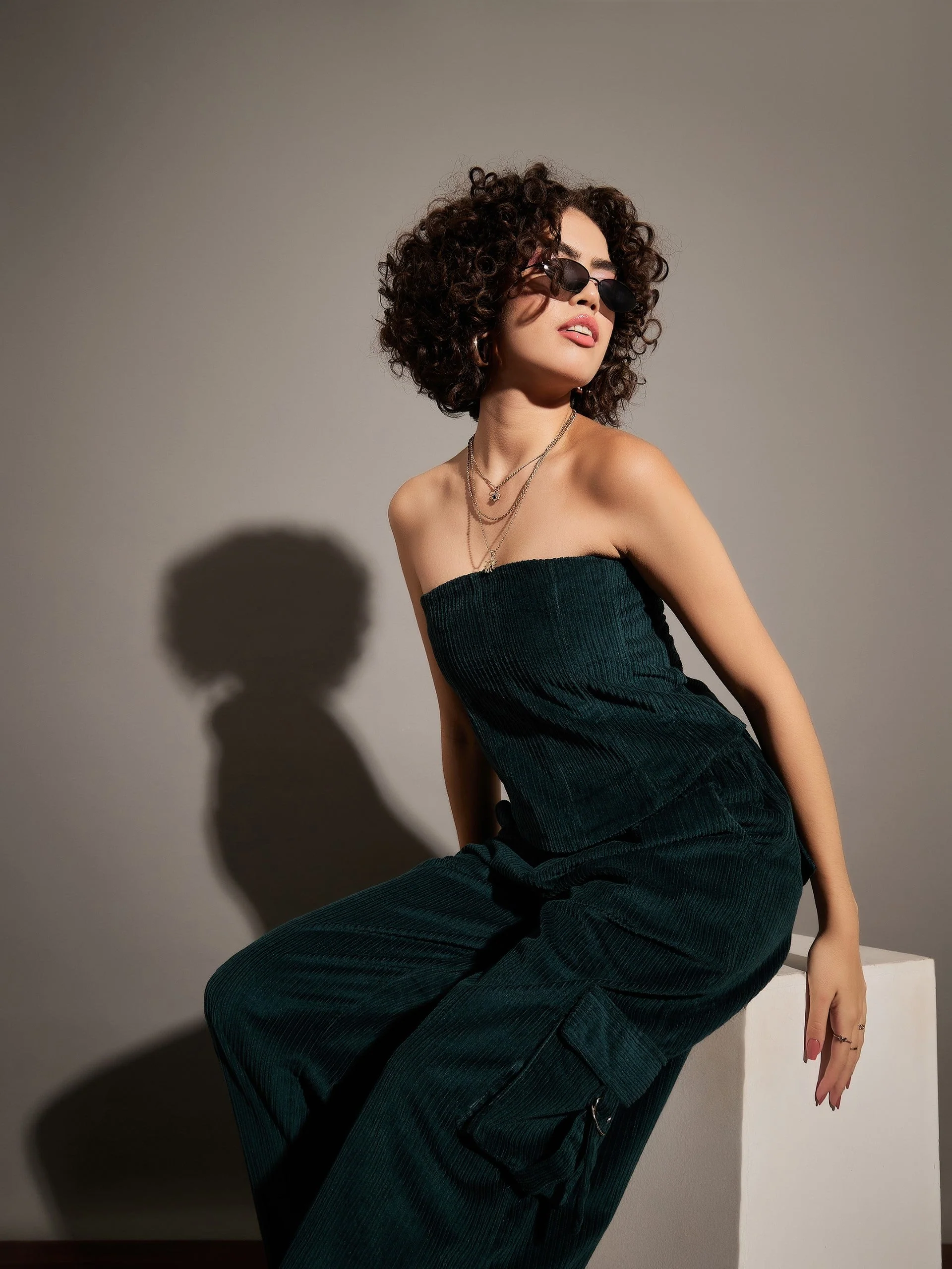 Women Emerald Corduroy Off Shoulder Crop Top - Image 6