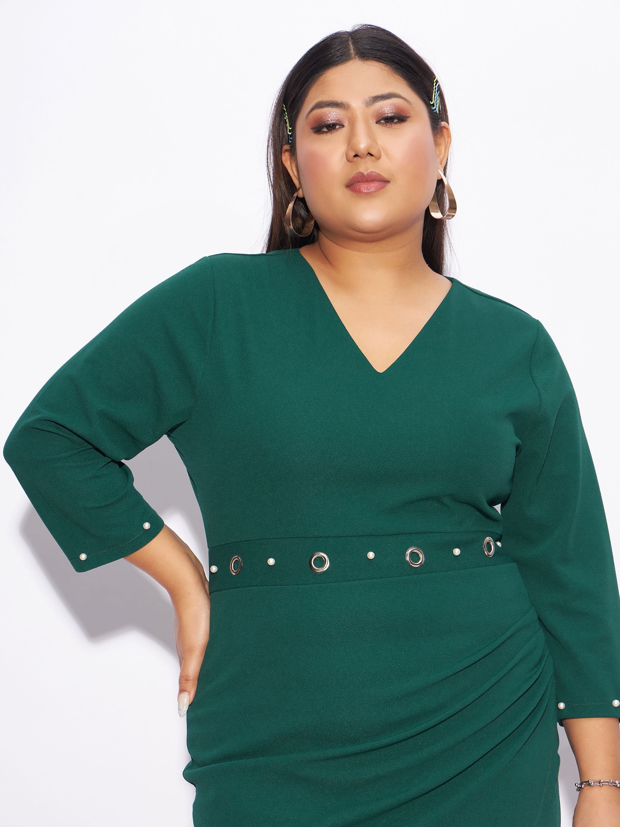 Women Emerald Green Eyelet Detail Bodycon Dress - Image 4