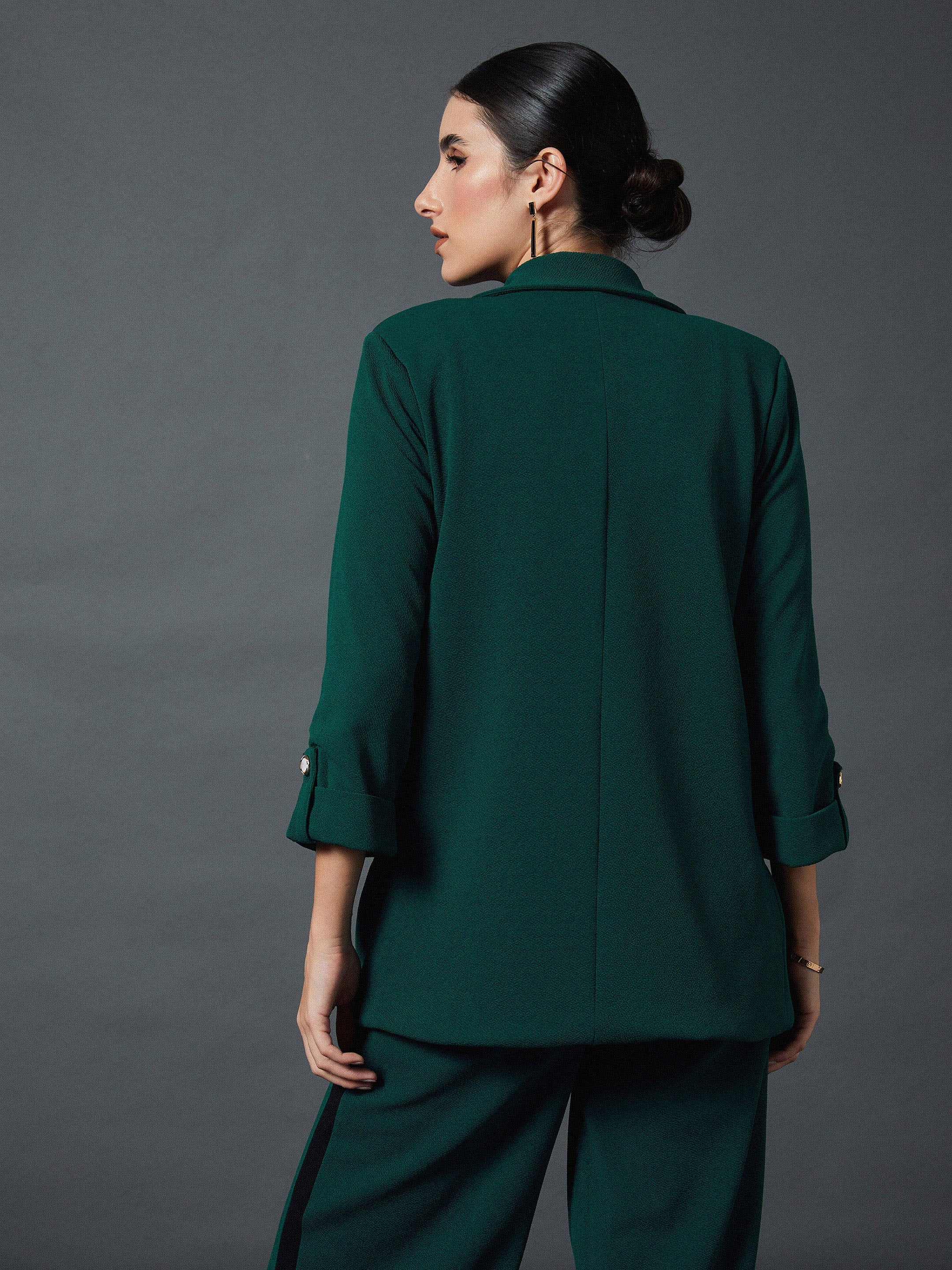 Women Emerald Green Front Button Blazer - Image 2
