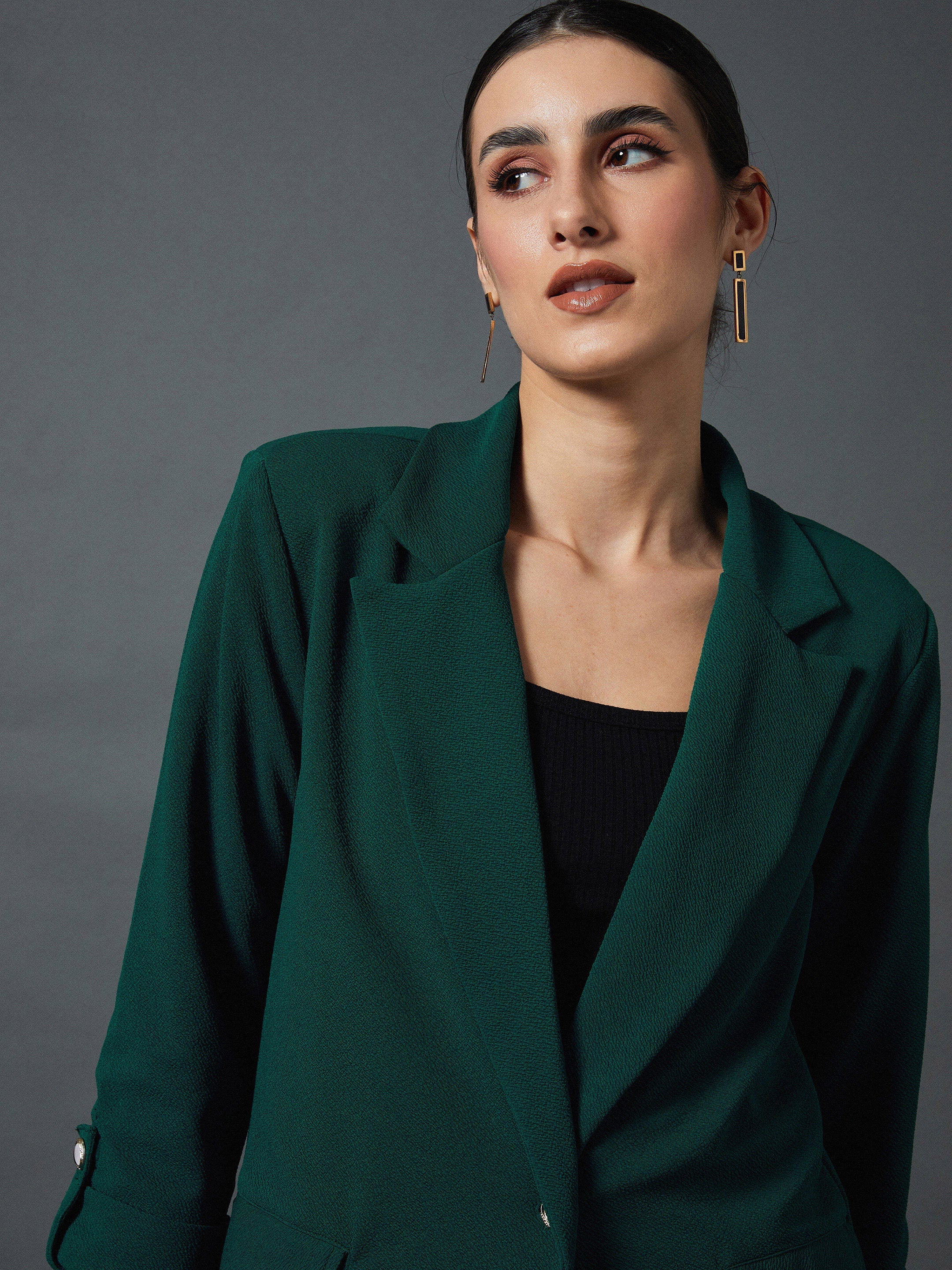 Women Emerald Green Front Button Blazer - Image 3