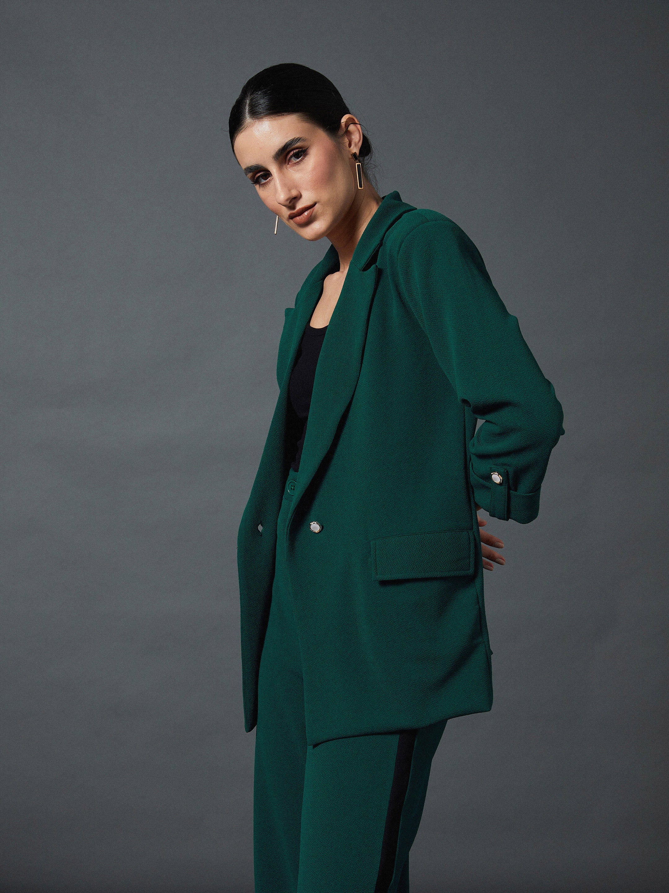 Women Emerald Green Front Button Blazer - Image 4