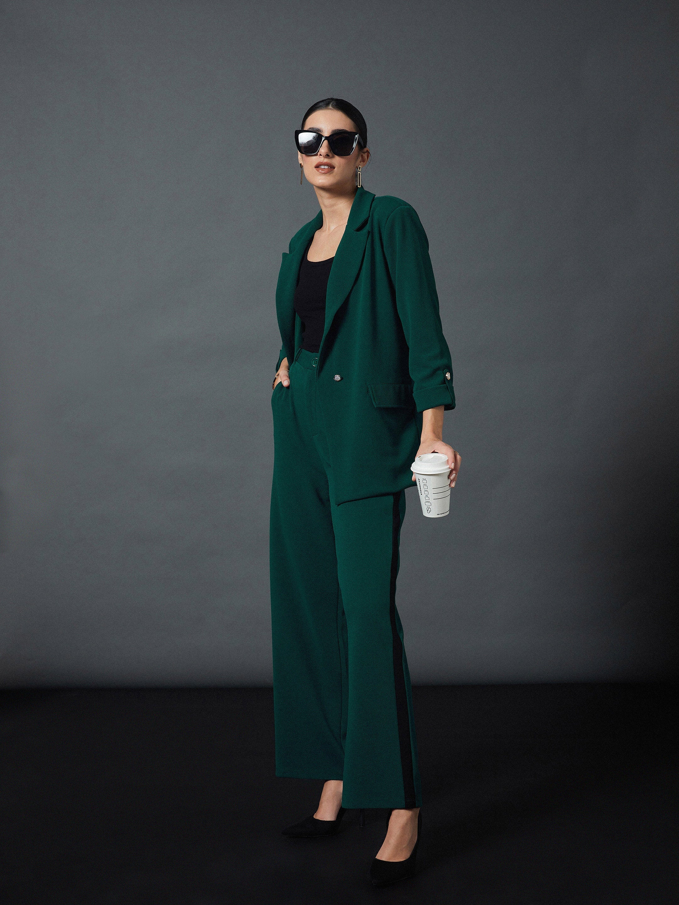 Women Emerald Green Front Button Blazer - Image 5