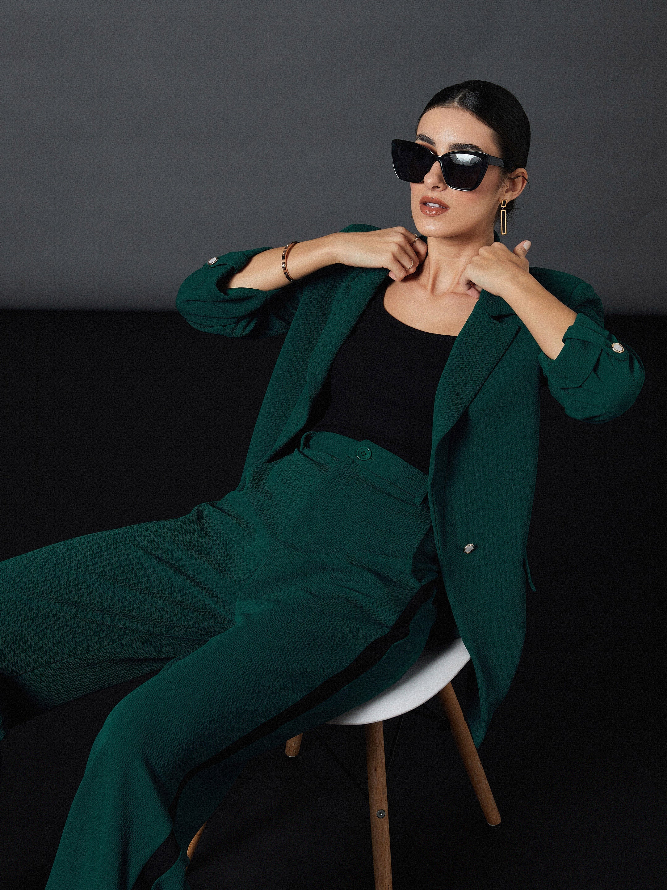 Women Emerald Green Front Button Blazer - Image 6
