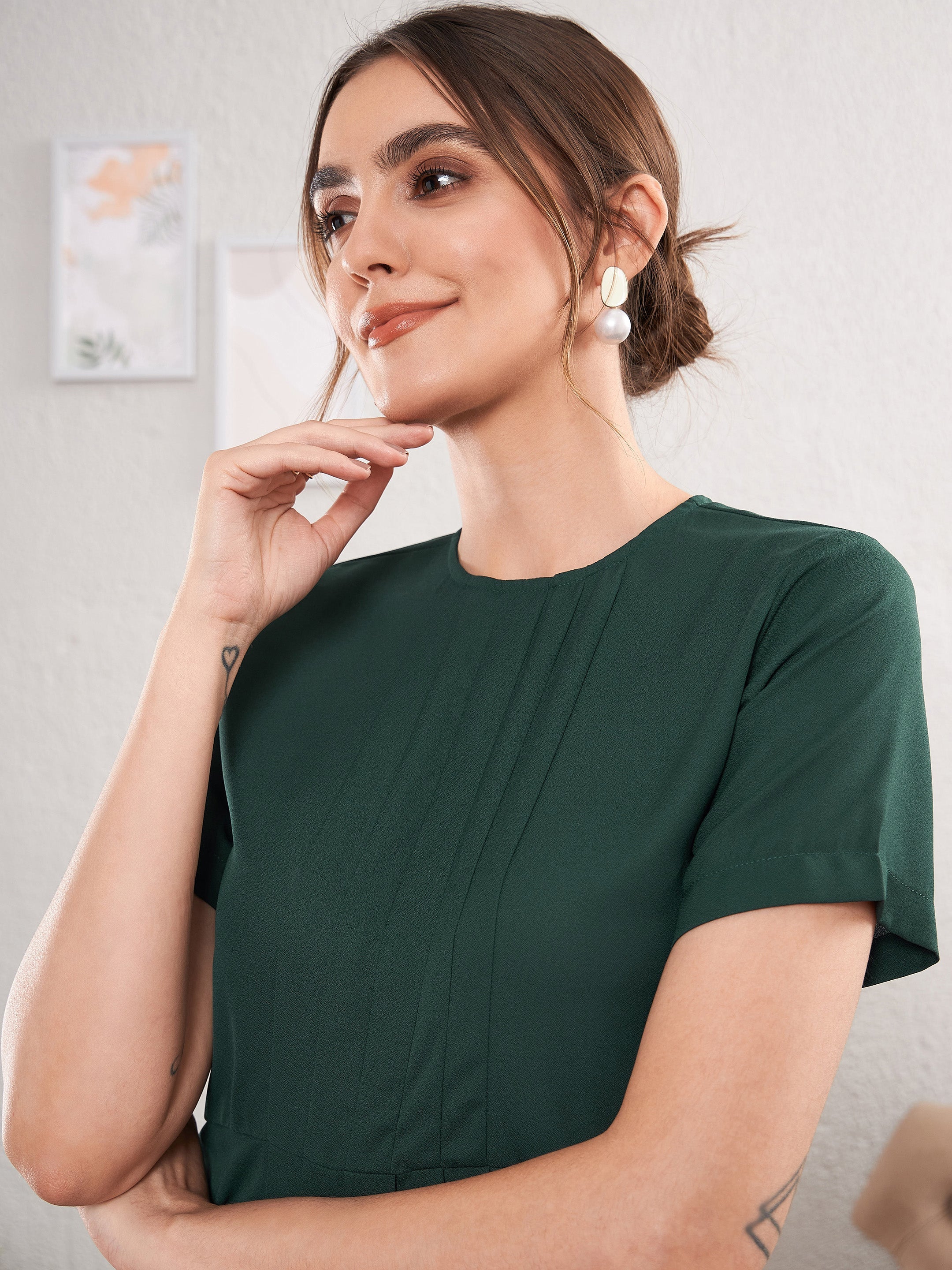 Women Emerald Green Front Pleated Peplum Top - Image 4
