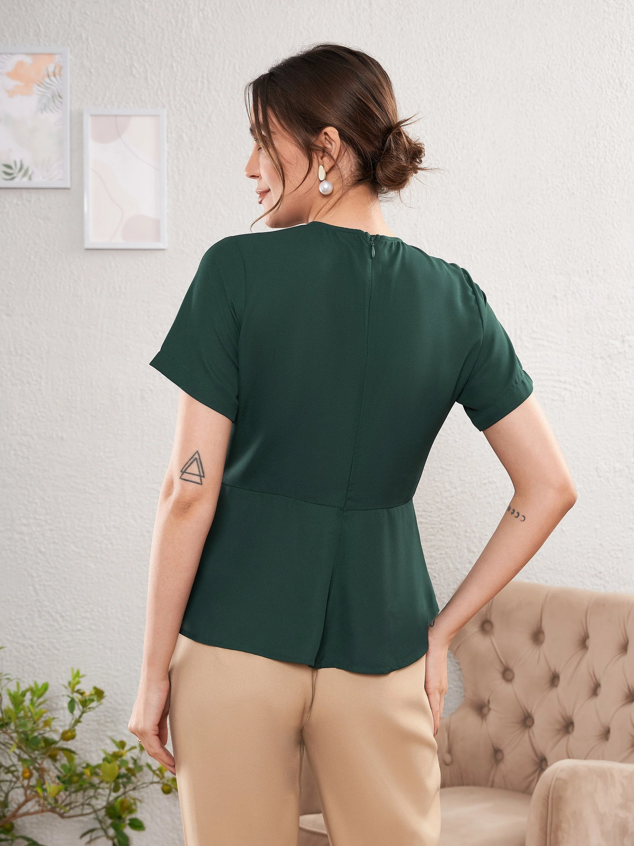 Women Emerald Green Front Pleated Peplum Top - Image 5