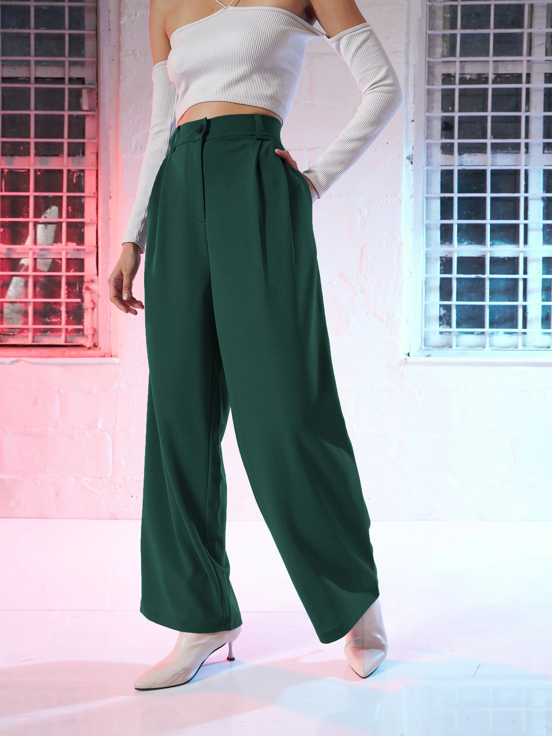 Women Emerald Green Korean Pleated Loose Fit Pants - Image 2