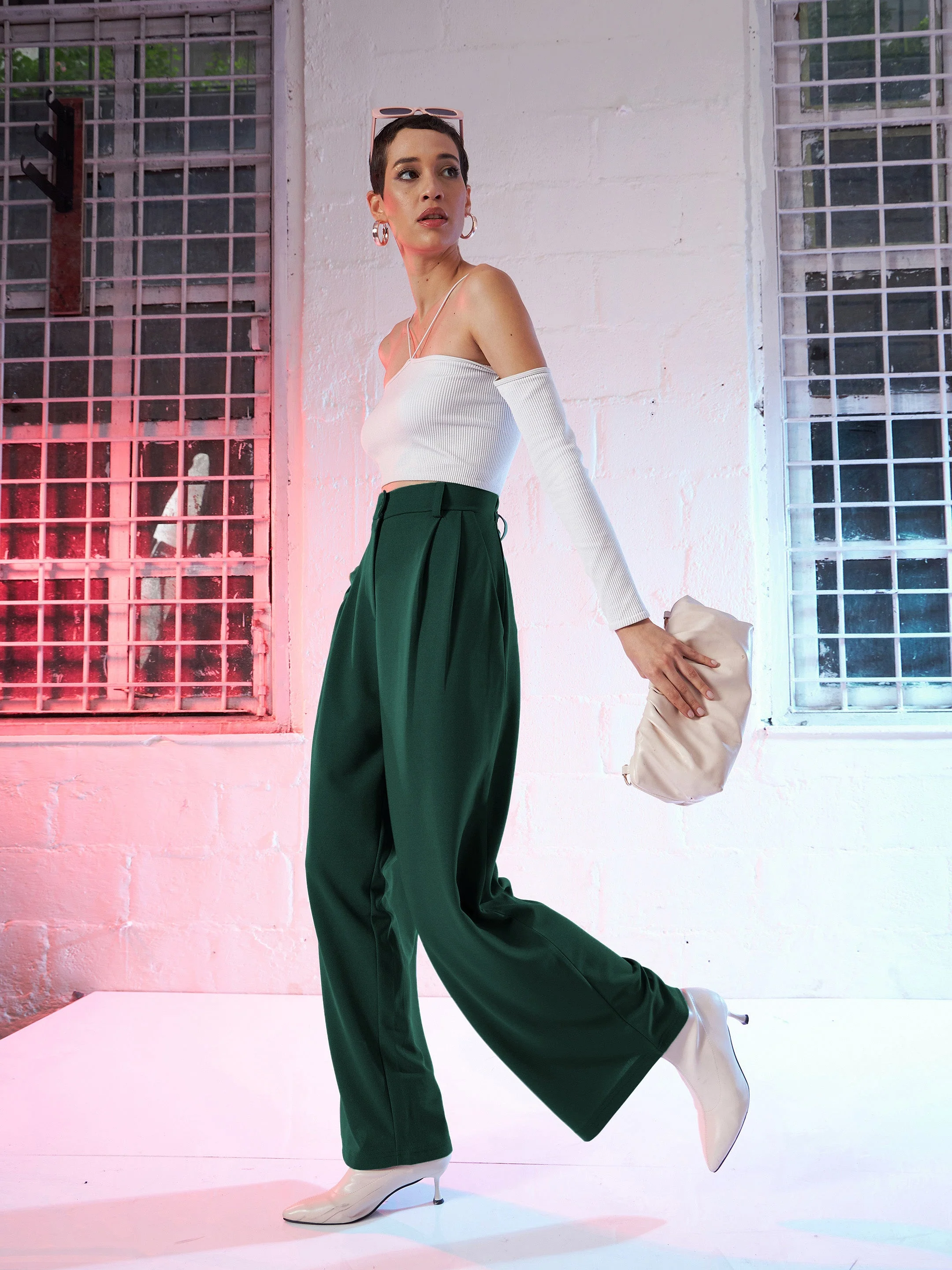 Women Emerald Green Korean Pleated Loose Fit Pants - Image 6