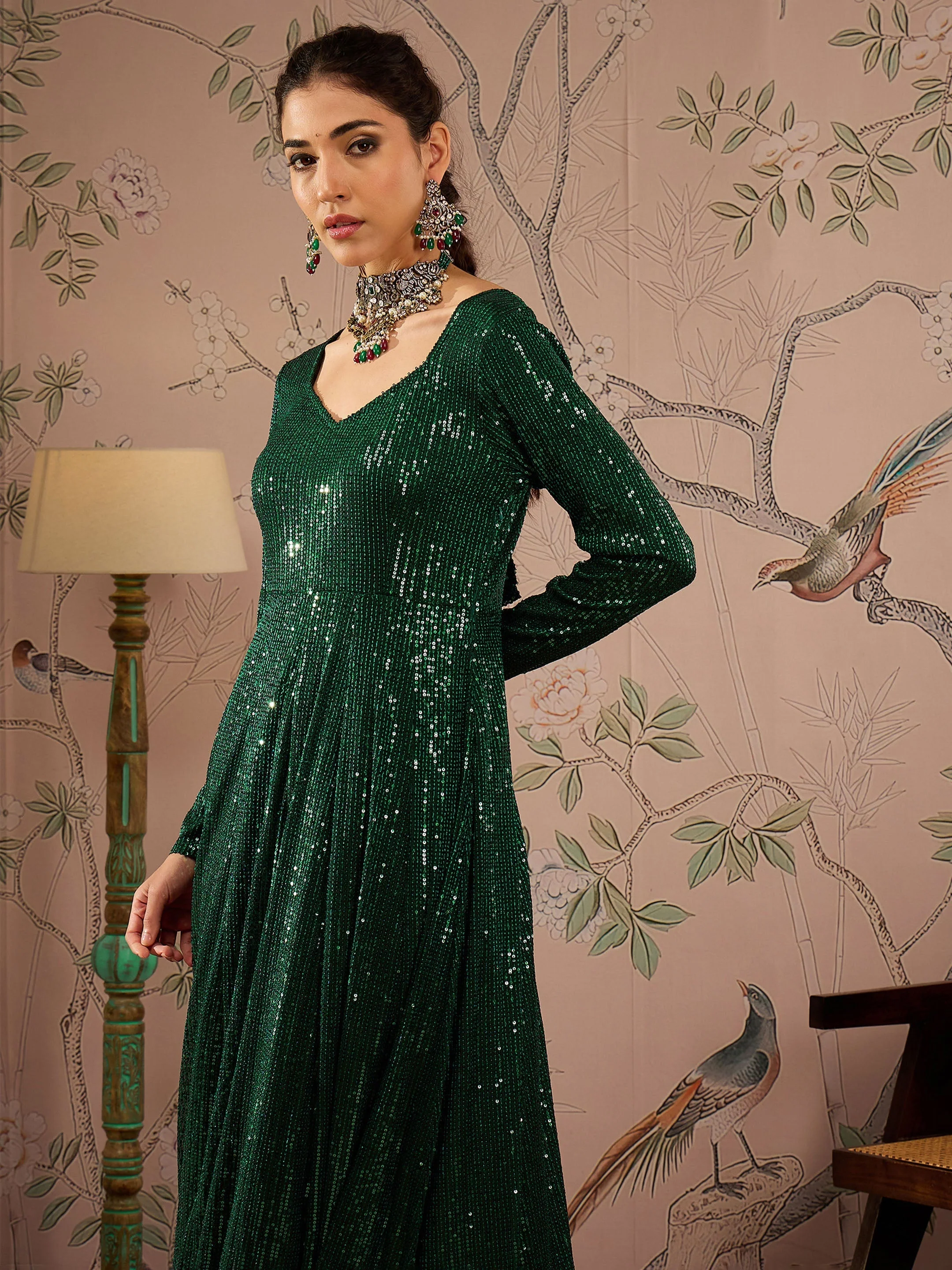 Women Emerald Green Sequins Sweetheart Neck Anarkali Kurta - Image 2