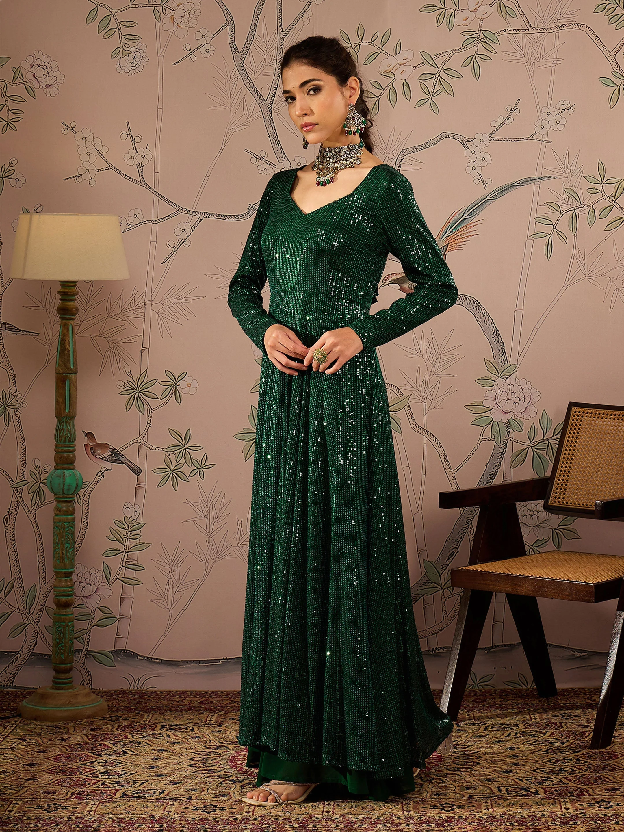 Women Emerald Green Sequins Sweetheart Neck Anarkali Kurta - Image 3