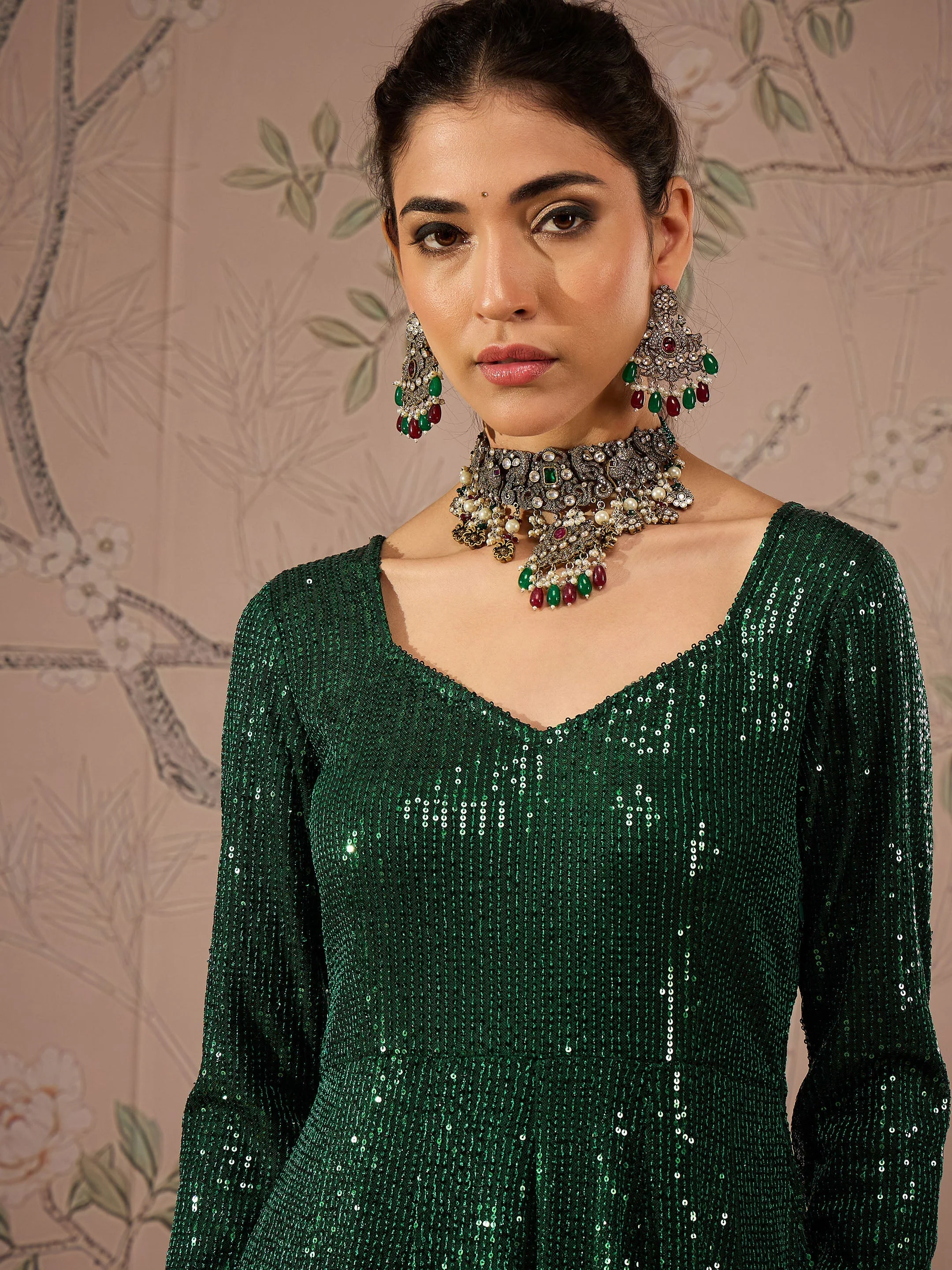 Women Emerald Green Sequins Sweetheart Neck Anarkali Kurta - Image 4