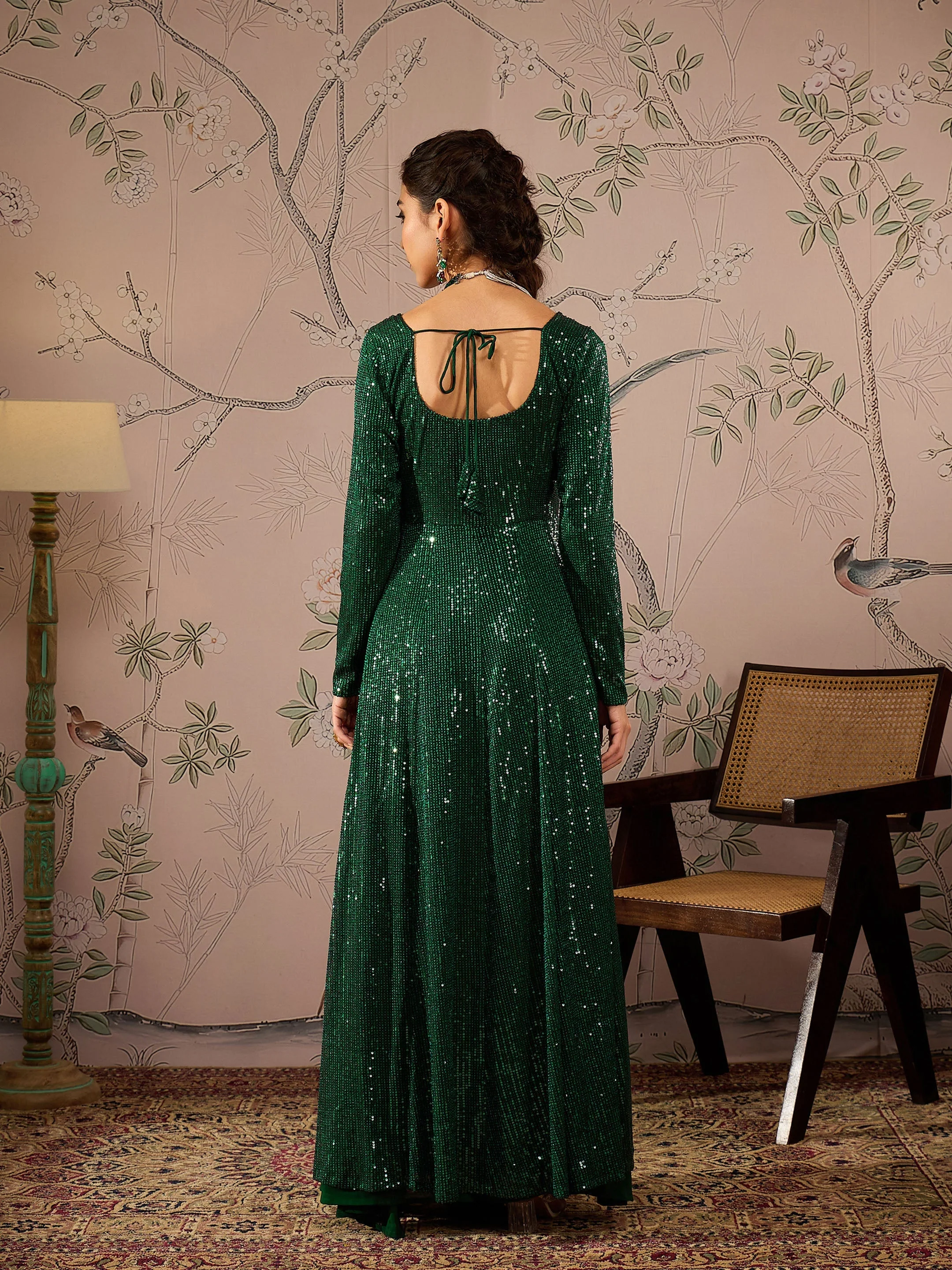 Women Emerald Green Sequins Sweetheart Neck Anarkali Kurta - Image 5