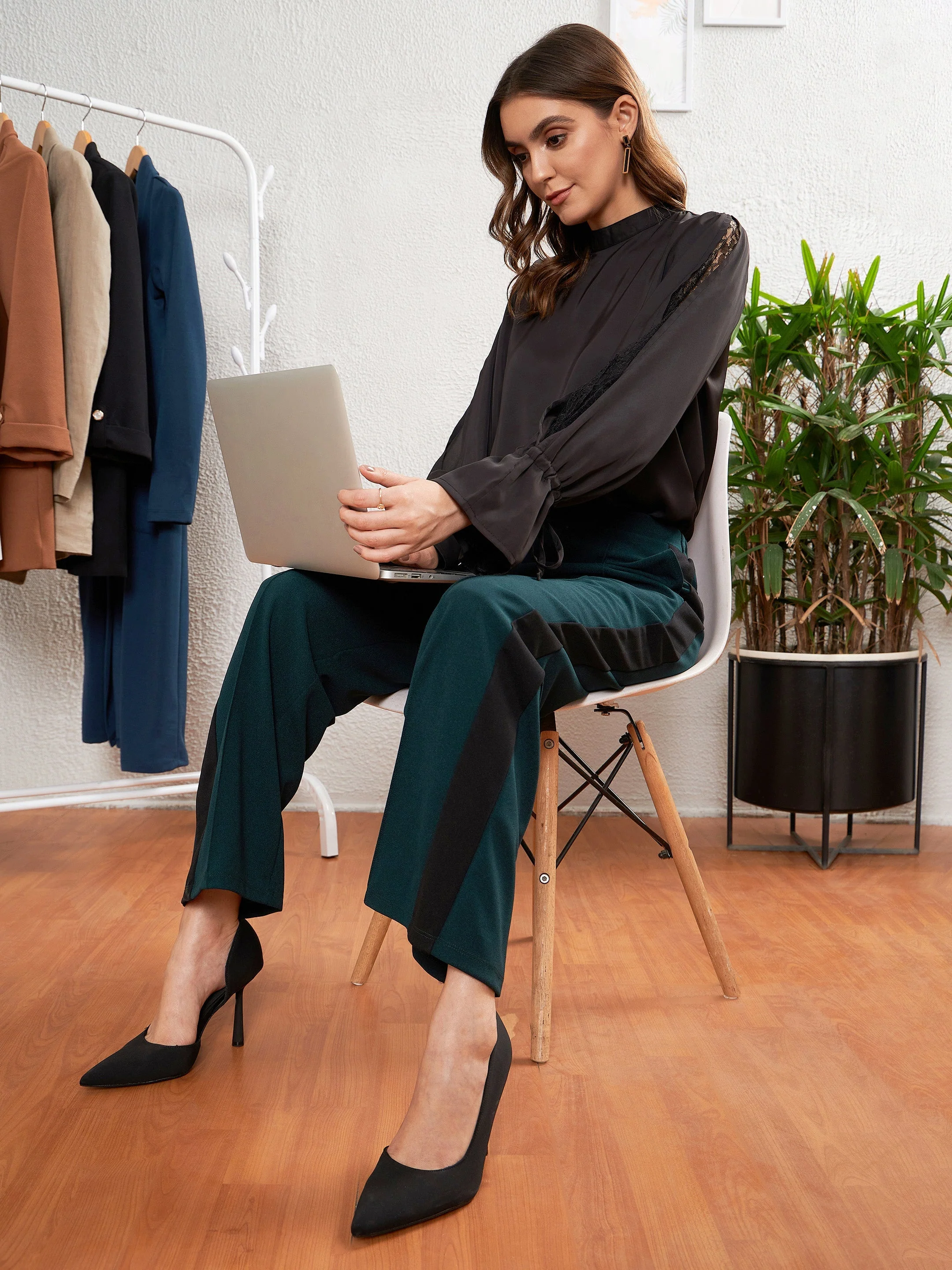 Women Emerald Green Side Tape Straight Pants - Image 2