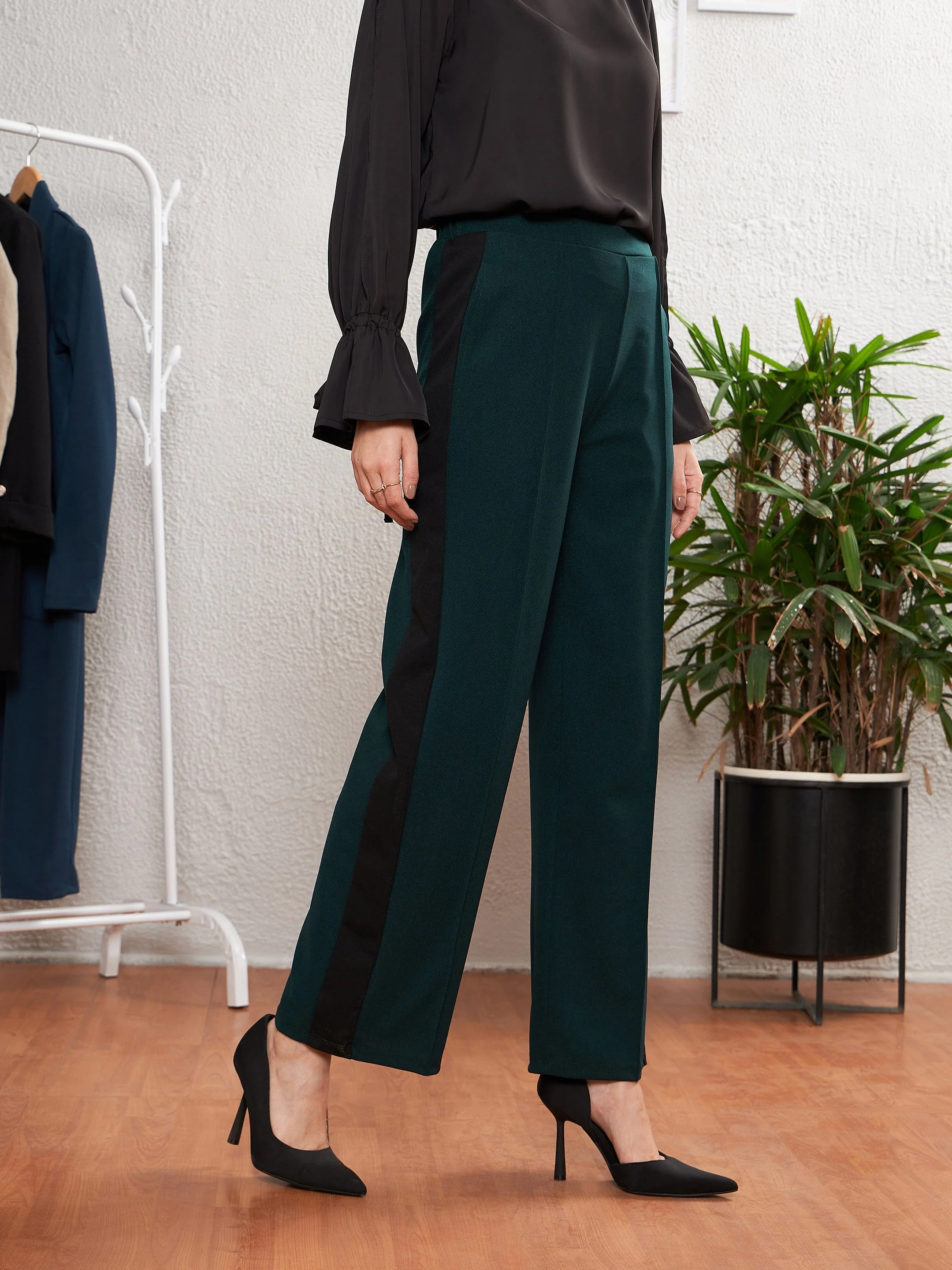 Women Emerald Green Side Tape Straight Pants - Image 3